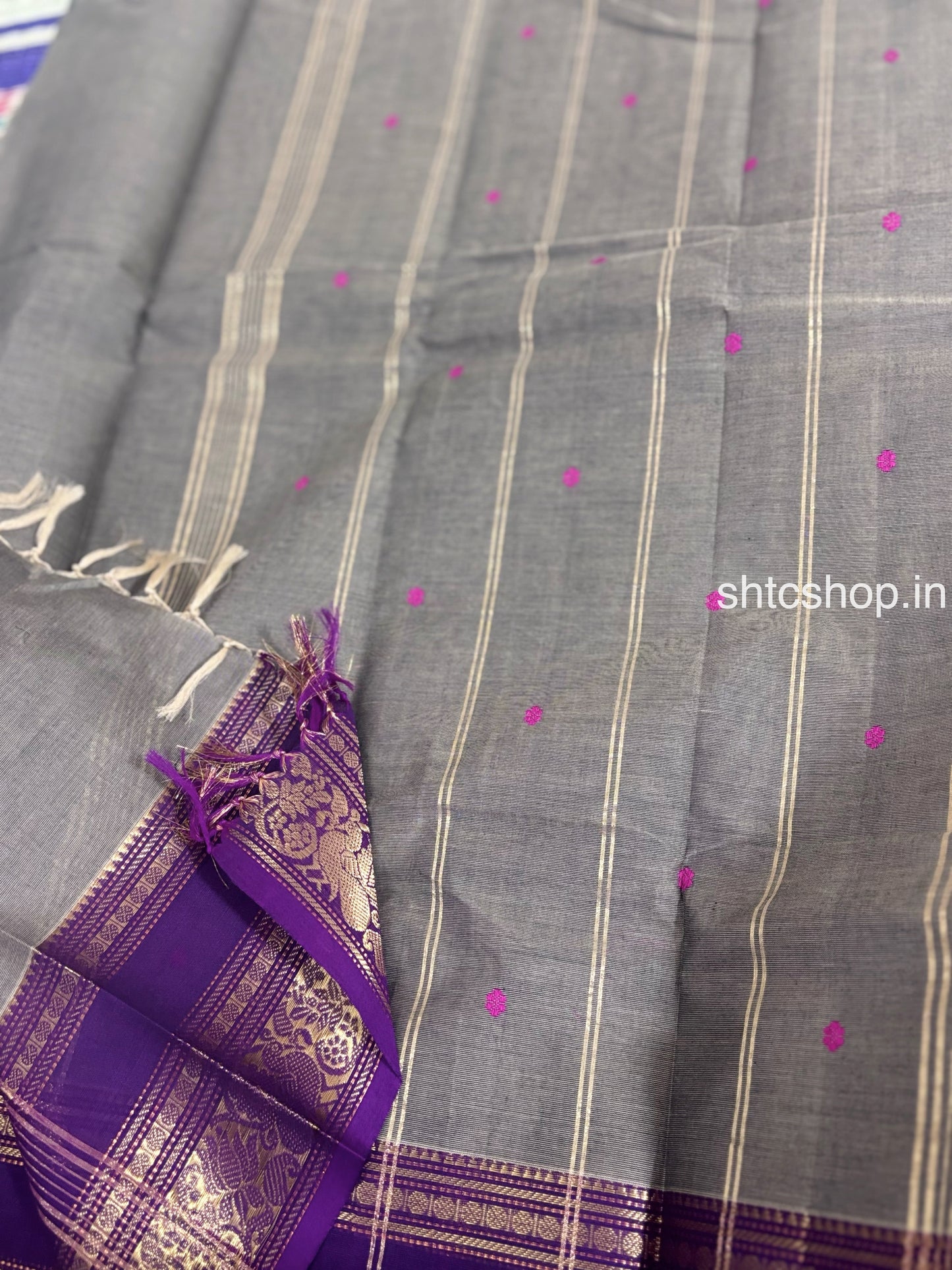 100 Count Grey Kanchi Cotton Saree with Magenta Buttas, Purple Zari Border and Running Blouse