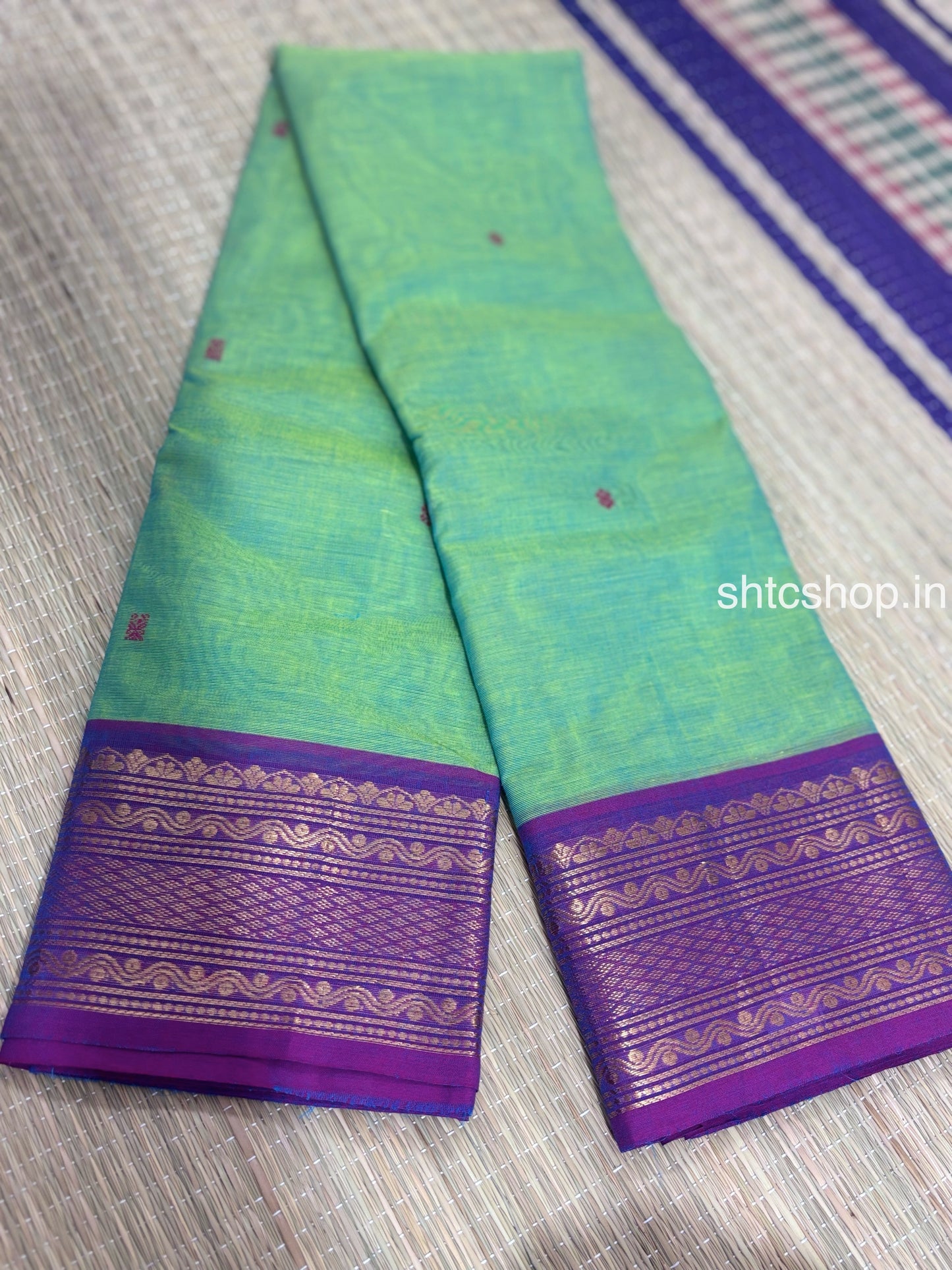 100 Count Green Kanchi Cotton Saree with Maroon Buttas, Purple Zari Border and Running Blouse