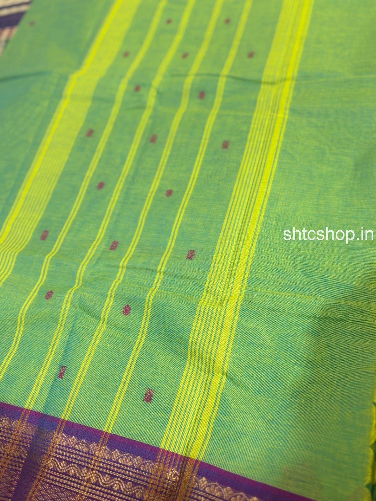 100 Count Green Kanchi Cotton Saree with Maroon Buttas, Purple Zari Border and Running Blouse