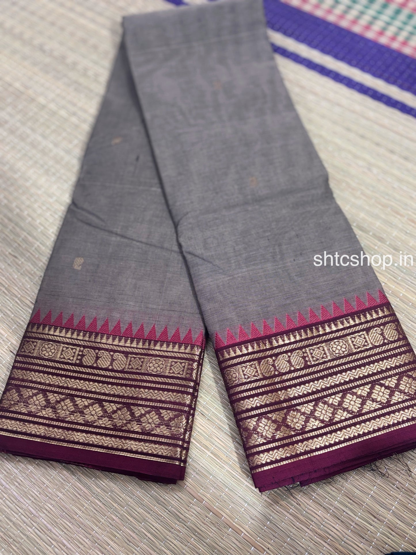 100 Count Grey Kanchi Cotton Saree with Maroon Temple Zari Border and Running Blouse