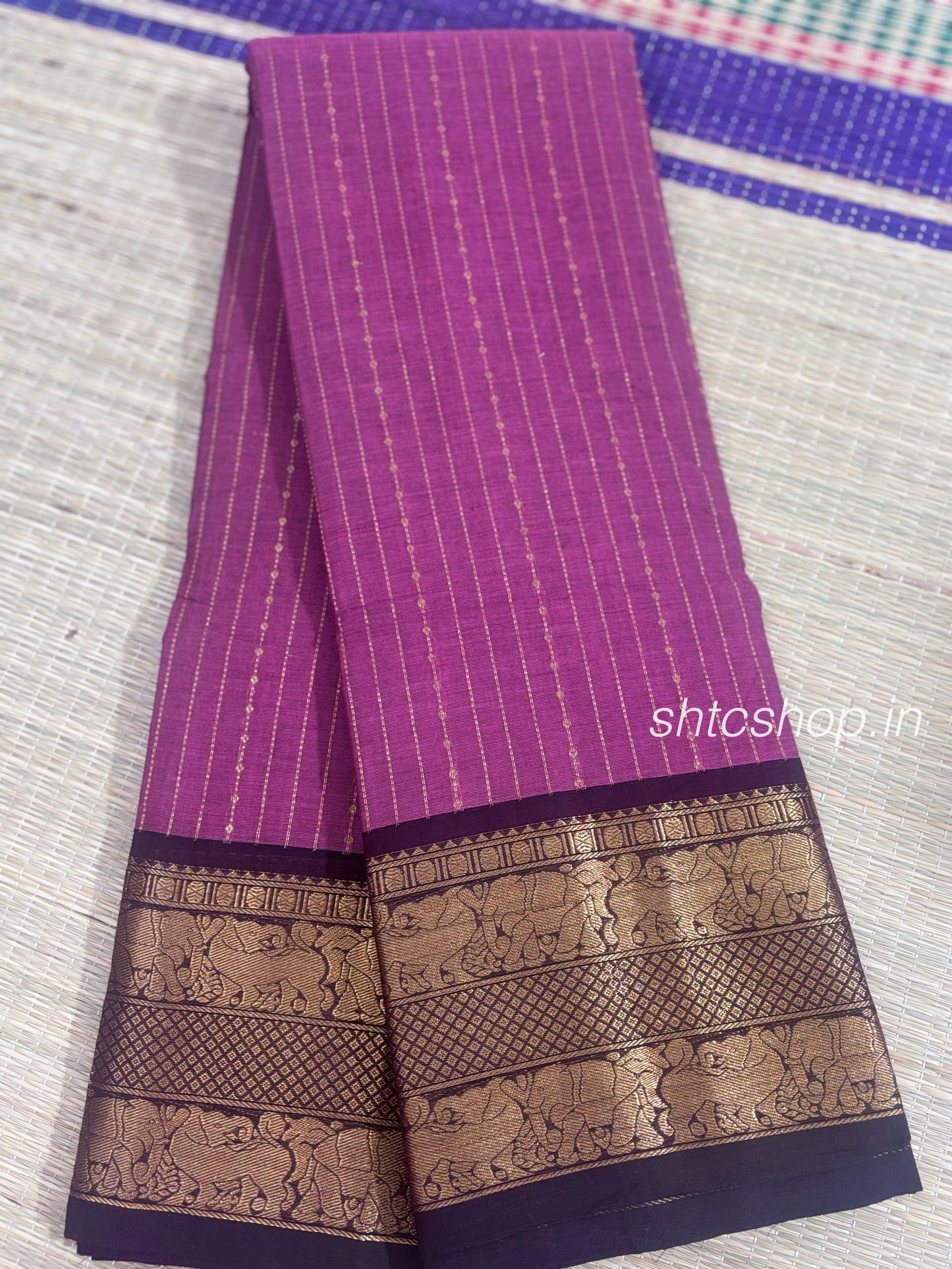120 Count Vairaoosi Design Kanchi Cotton Saree with Elephant Zari Border and Running Blouse