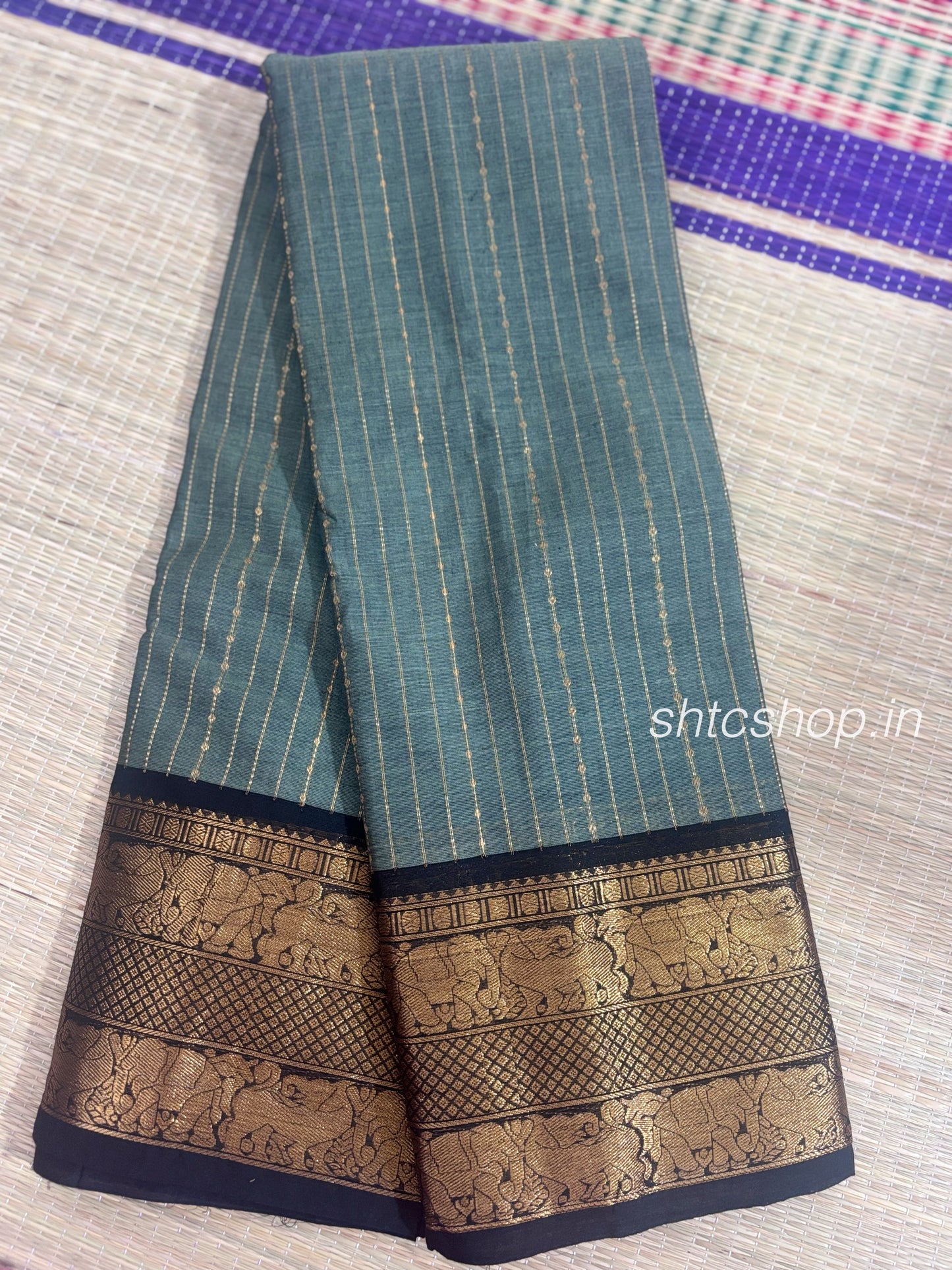 120 Count Teal Green Vairaoosi Kanchi Cotton Saree with Elephant Zari Border and Running Blouse