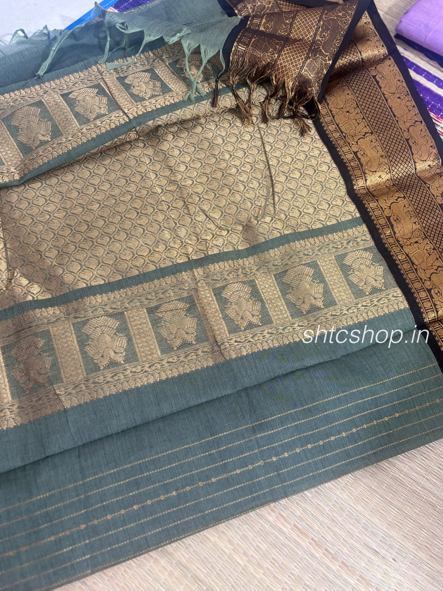 120 Count Teal Green Vairaoosi Kanchi Cotton Saree with Elephant Zari Border and Running Blouse