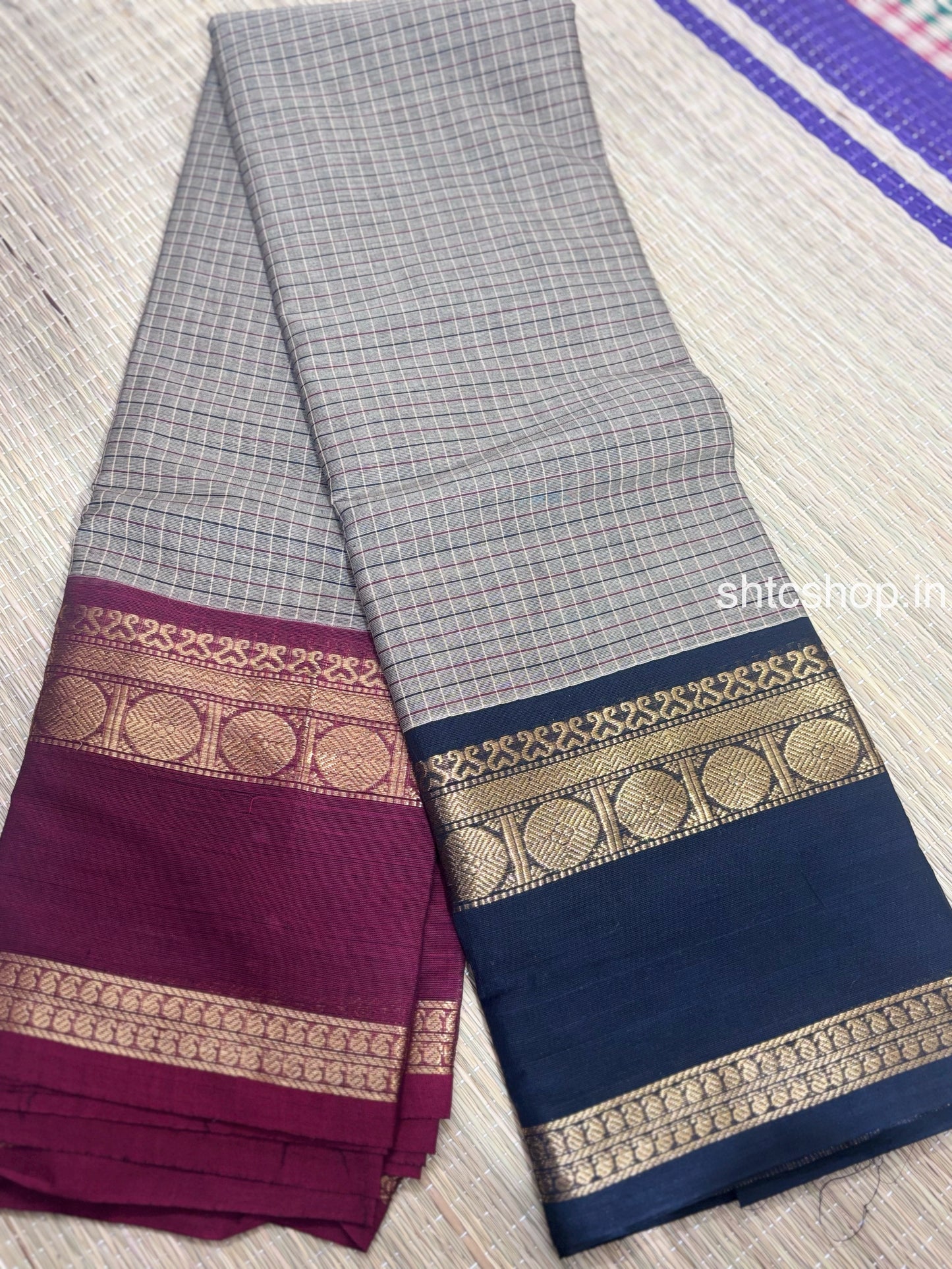 100 Count Grey Checked Ganga Jamuna Kanchi Cotton Saree with Navy Blue and Maroon Zari Borders