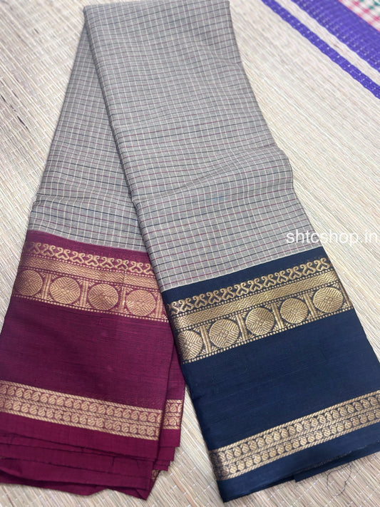 100 Count Grey Checked Ganga Jamuna Kanchi Cotton Saree with Navy Blue and Maroon Zari Borders