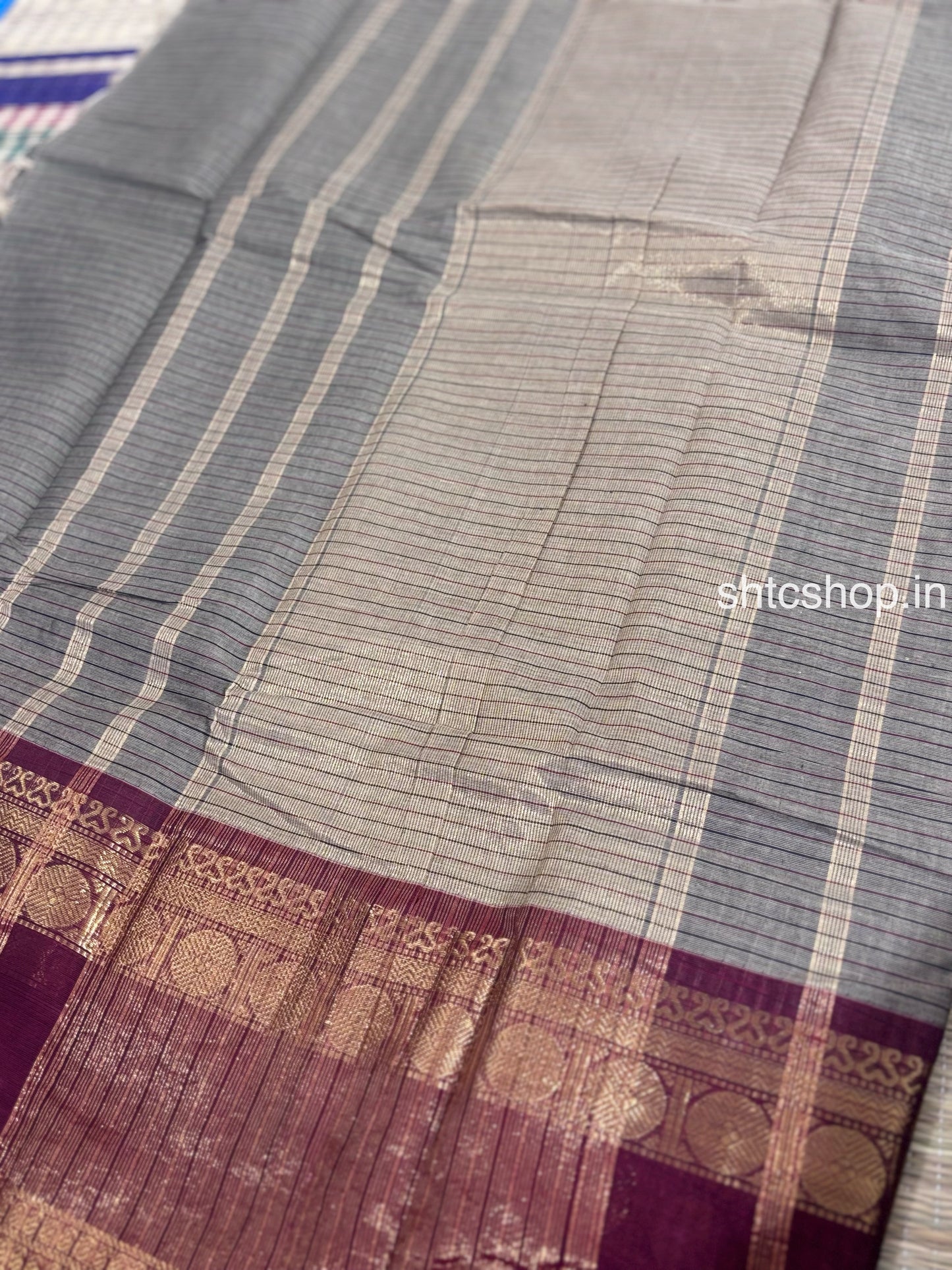 100 Count Grey Checked Ganga Jamuna Kanchi Cotton Saree with Navy Blue and Maroon Zari Borders