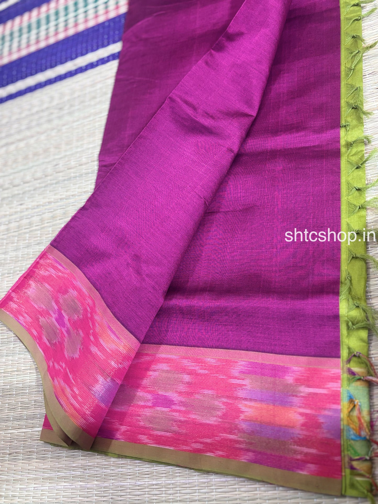 Dual-Tone Silk Cotton Saree with Ikat Design Border and Contrast Blouse