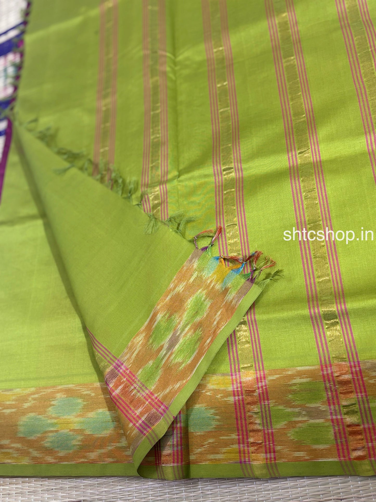 Dual-Tone Silk Cotton Saree with Ikat Design Border and Contrast Blouse