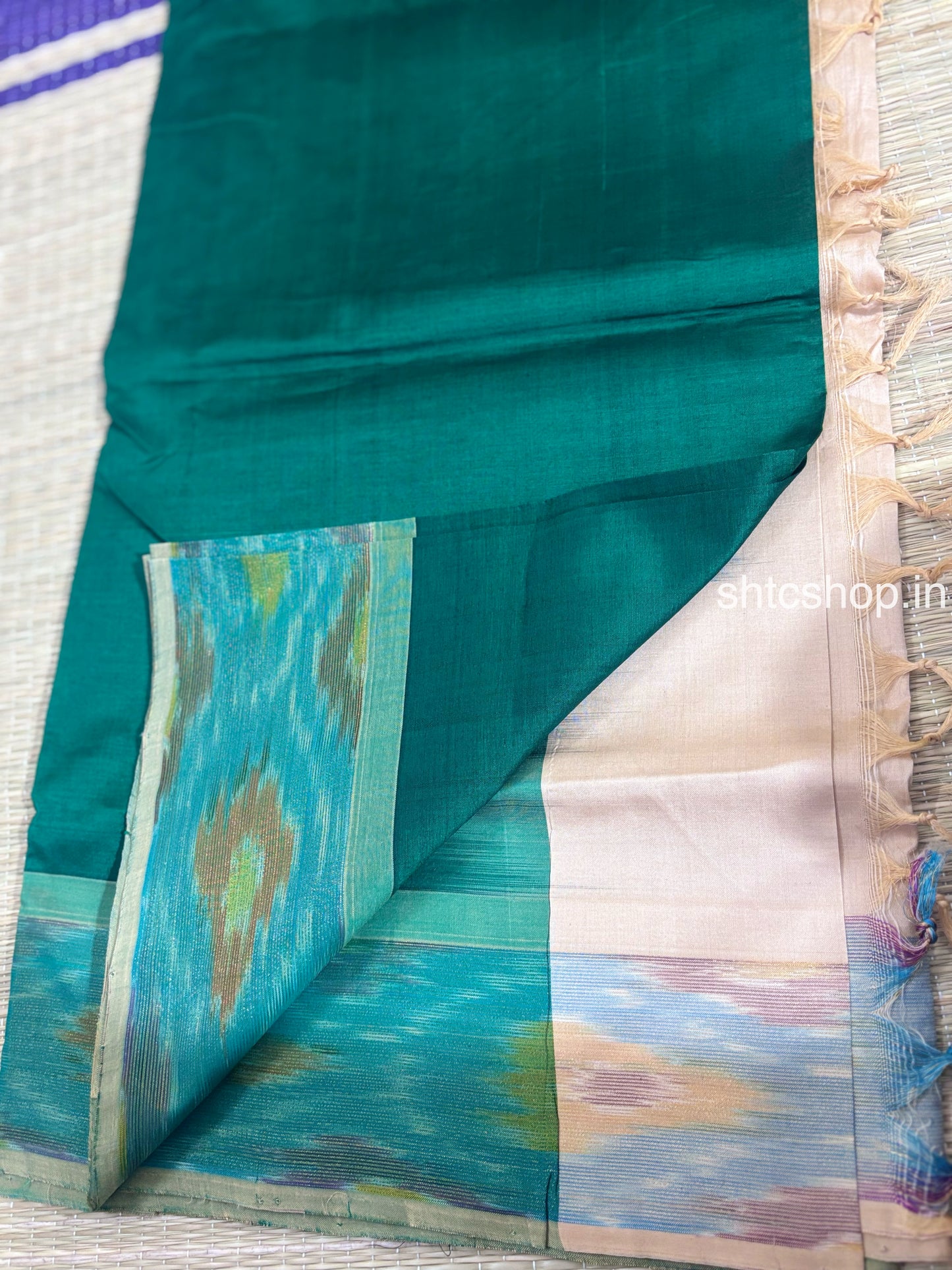 Silk Saree Cotton with Green, Ikat Border and Contrast Blouse