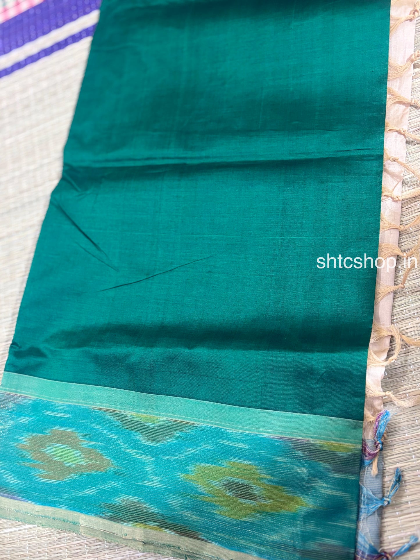 Silk Saree Cotton with Green, Ikat Border and Contrast Blouse
