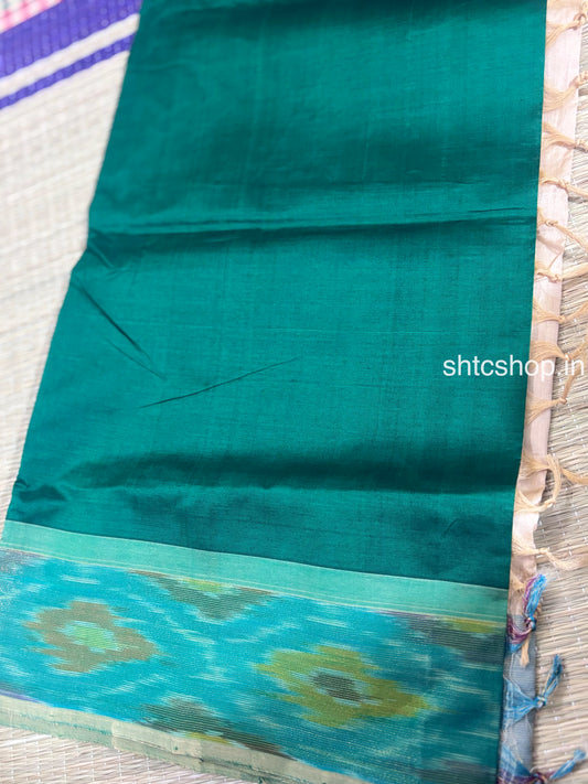 Silk Saree Cotton with Green, Ikat Border and Contrast Blouse