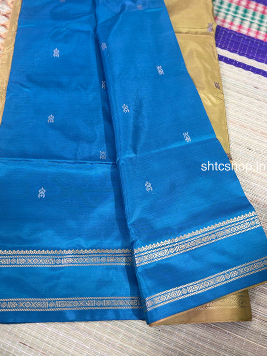 Royal Blue Banana Silk Saree with Golden Contrast Pallu, Woven Buttas and Contrast Blouse