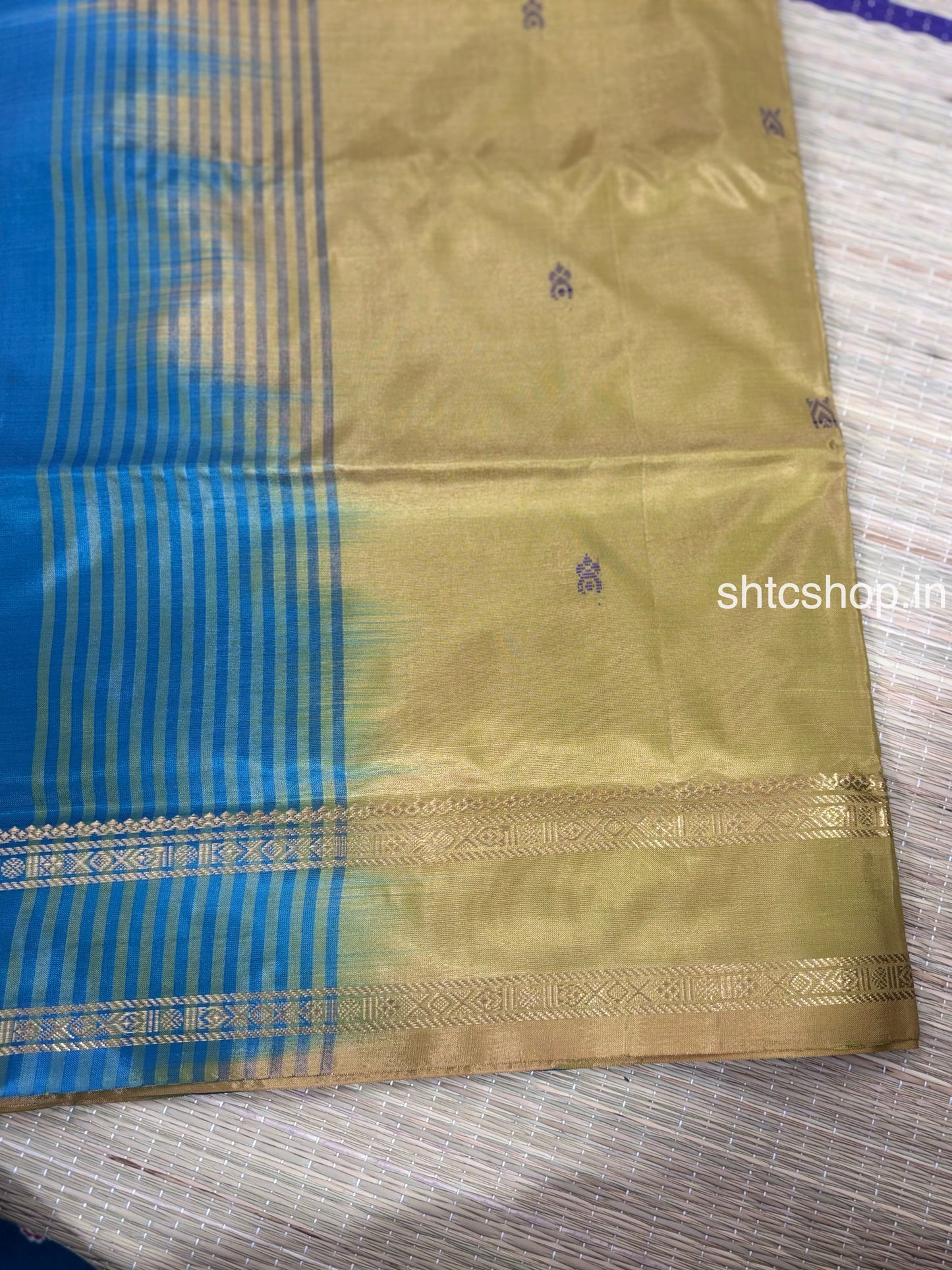 Royal Blue Banana Silk Saree with Golden Contrast Pallu, Woven Buttas and Contrast Blouse
