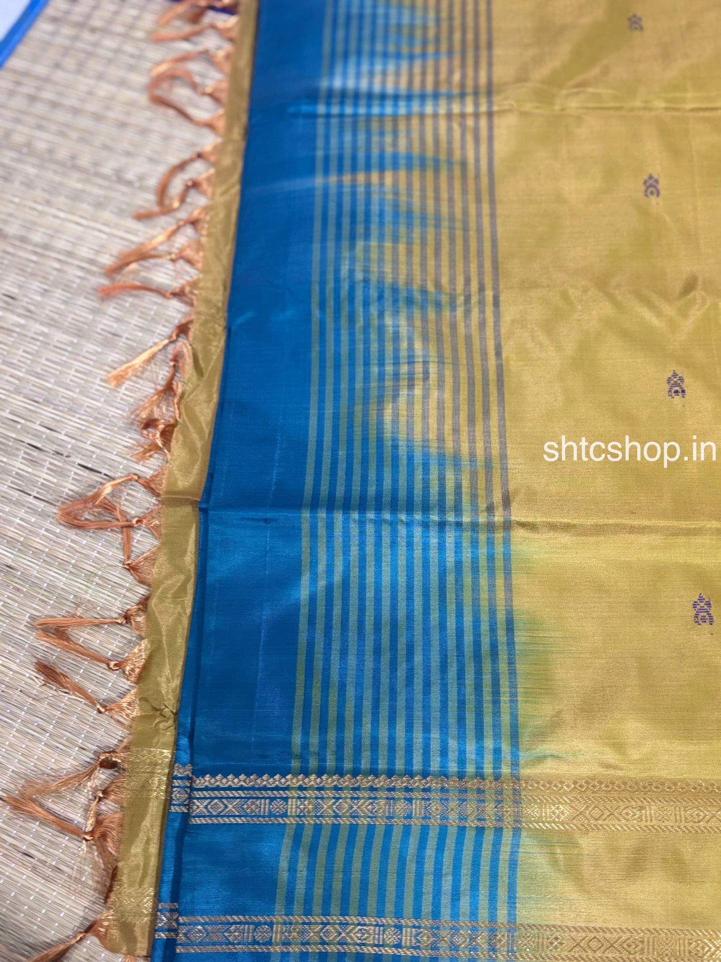 Royal Blue Banana Silk Saree with Golden Contrast Pallu, Woven Buttas and Contrast Blouse