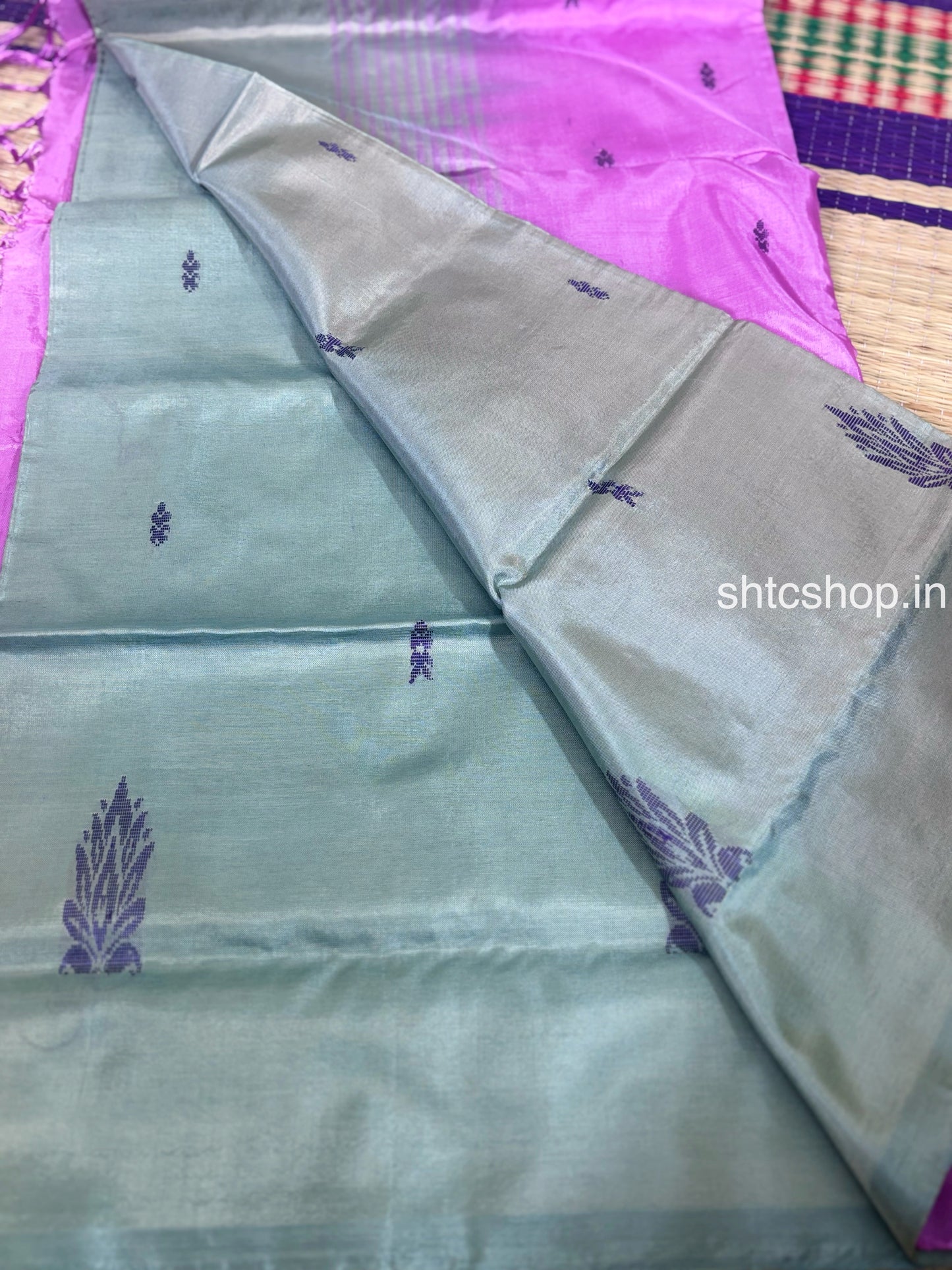 Silver Grey Banana Silk Saree with Magenta Contrast Pallu, Woven Buttas and Contrast Blouse