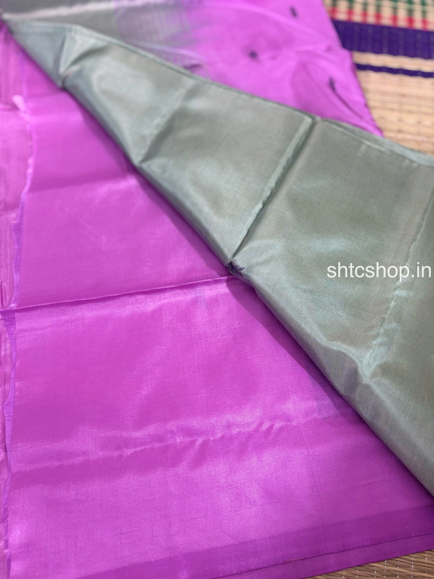 Silver Grey Banana Silk Saree with Magenta Contrast Pallu, Woven Buttas and Contrast Blouse