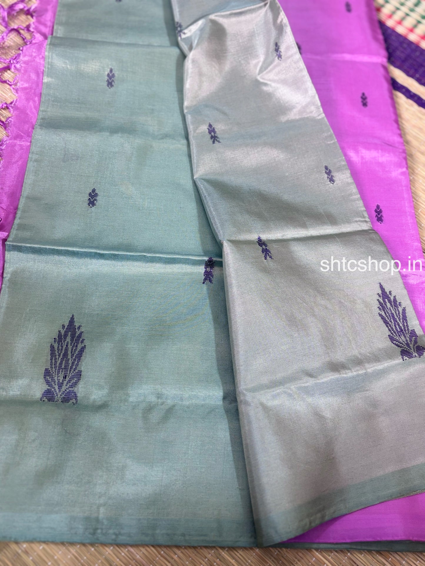 Silver Grey Banana Silk Saree with Magenta Contrast Pallu, Woven Buttas and Contrast Blouse