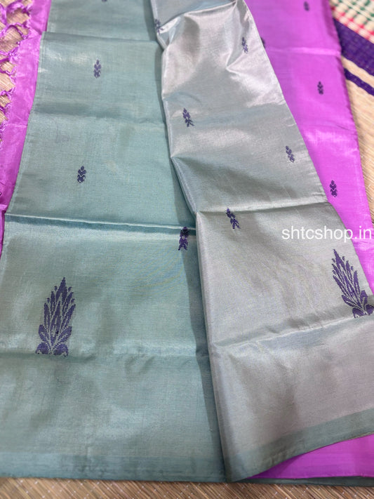 Silver Grey Banana Silk Saree with Magenta Contrast Pallu, Woven Buttas and Contrast Blouse