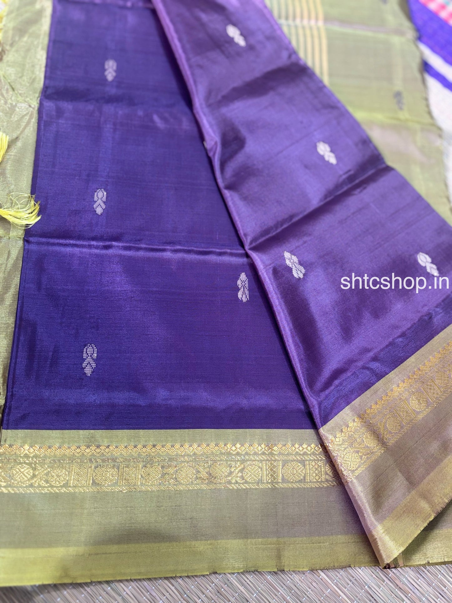 Purple and Olive Green Banana Silk Saree with Woven Buttas, Zari Border and Contrast Blouse