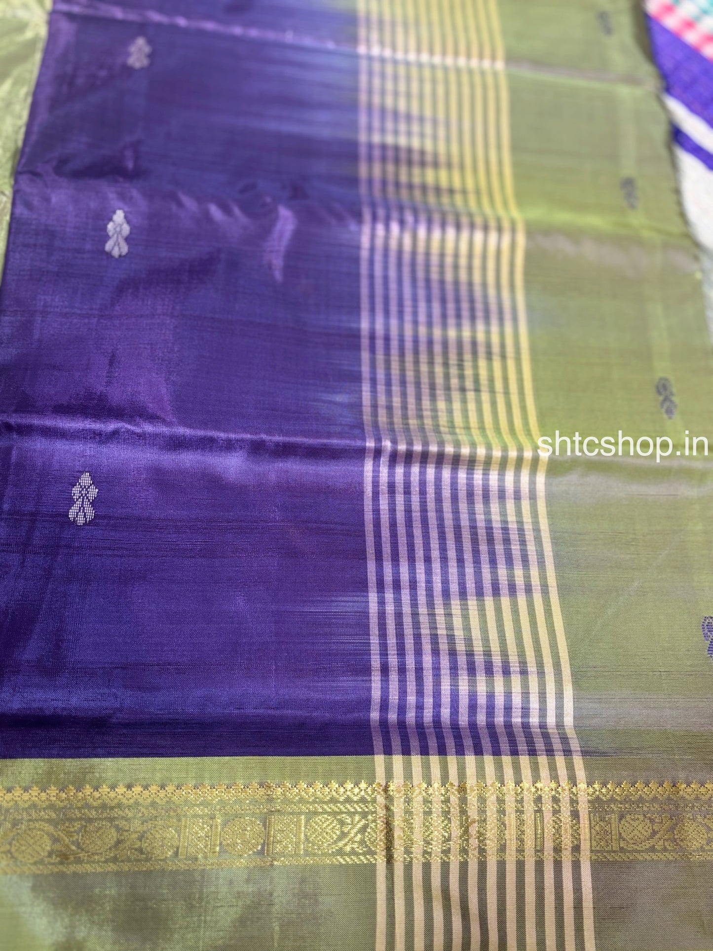 Purple and Olive Green Banana Silk Saree with Woven Buttas, Zari Border and Contrast Blouse