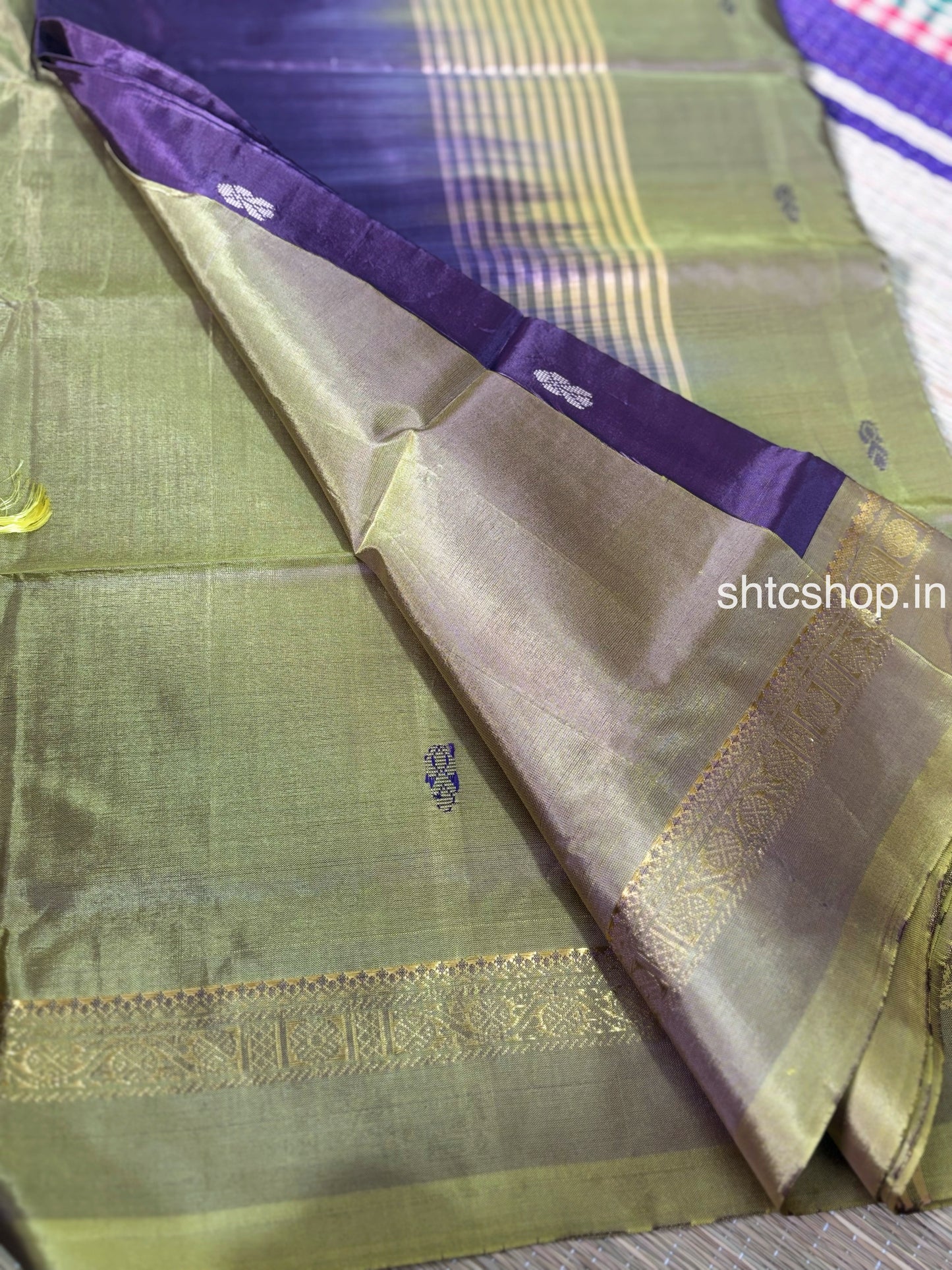 Purple and Olive Green Banana Silk Saree with Woven Buttas, Zari Border and Contrast Blouse