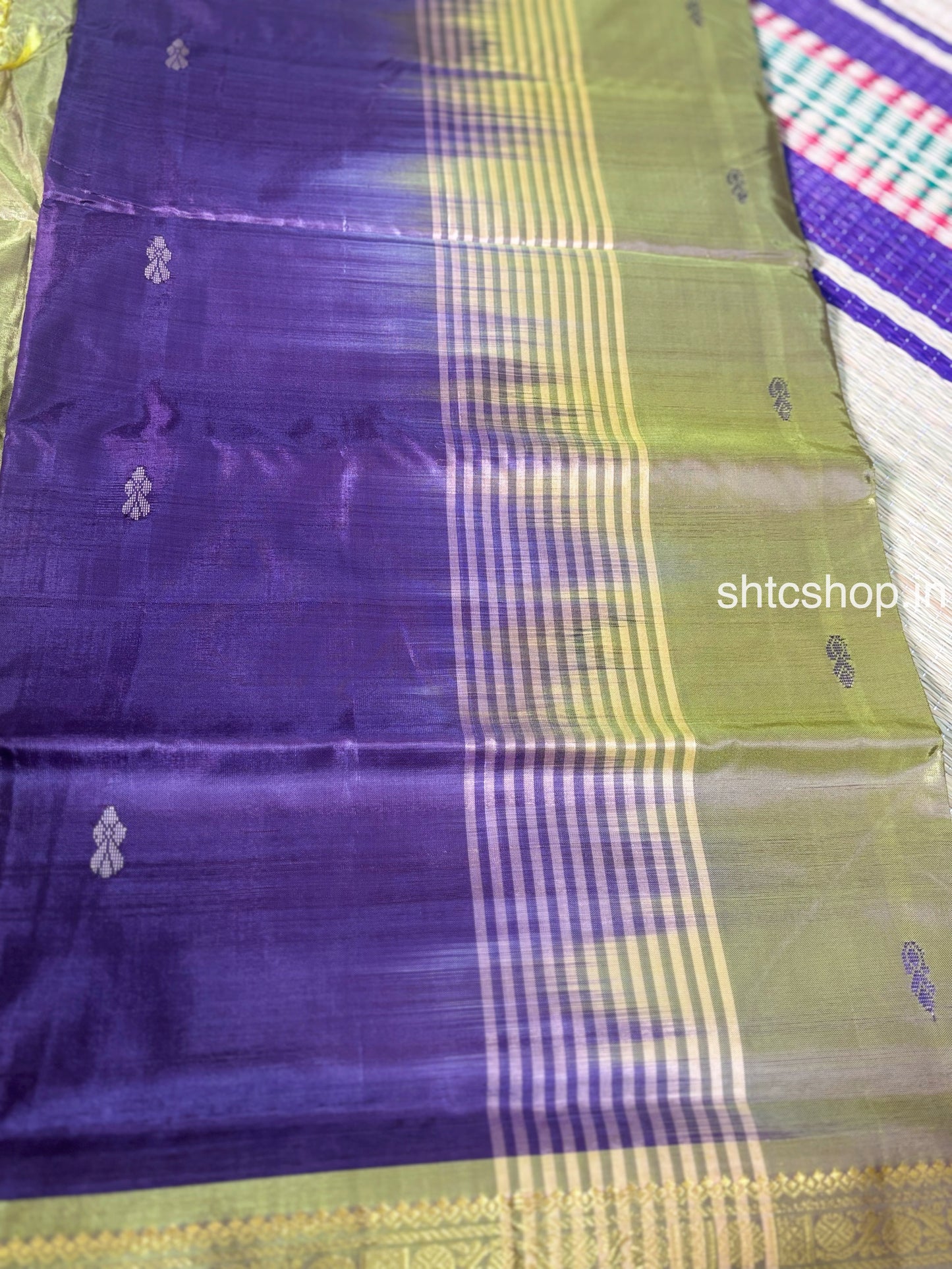 Purple and Olive Green Banana Silk Saree with Woven Buttas, Zari Border and Contrast Blouse