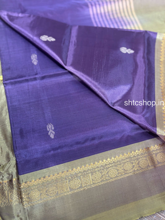 Purple and Olive Green Banana Silk Saree with Woven Buttas, Zari Border and Contrast Blouse