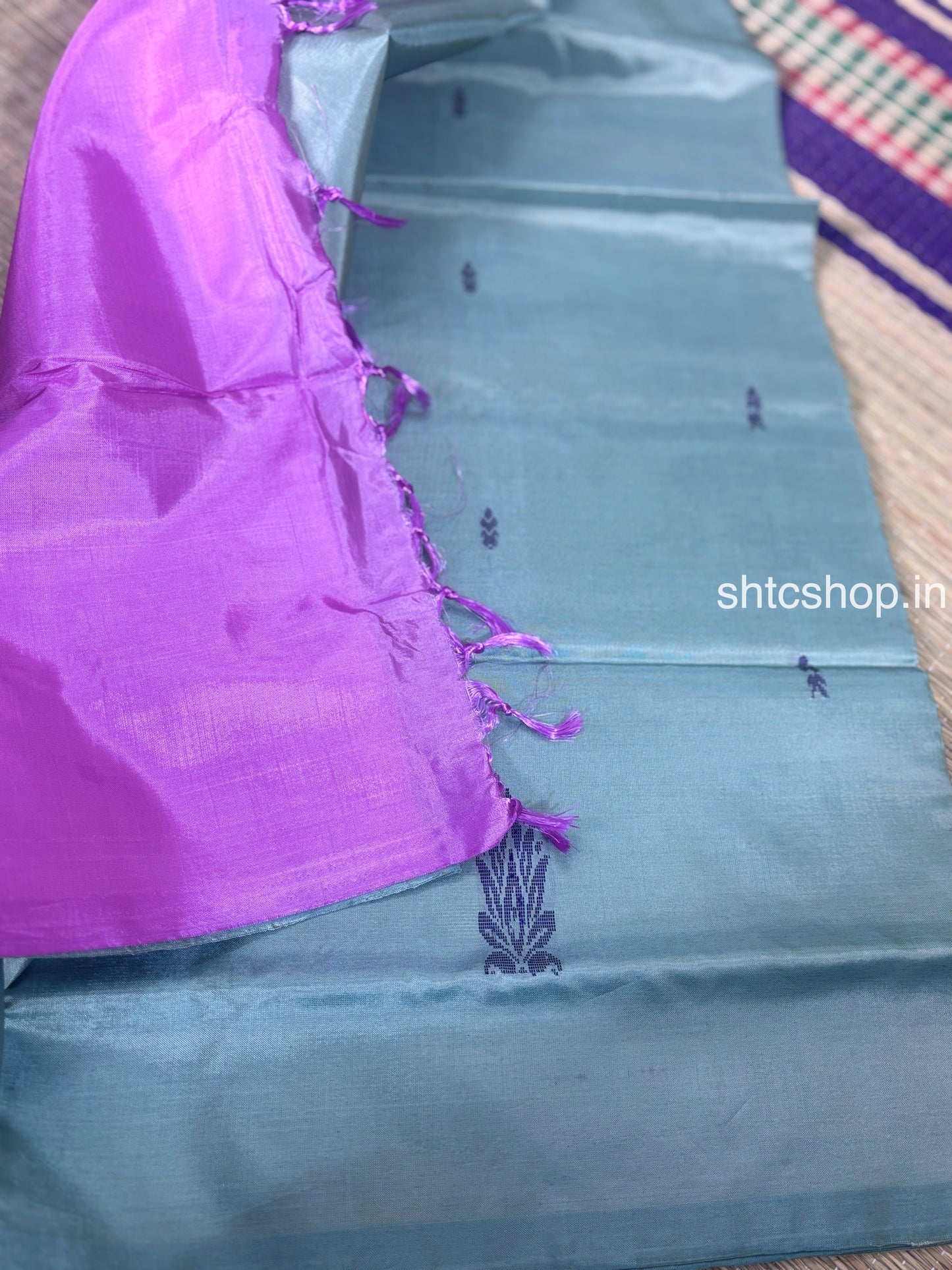 Silver Grey Banana Silk Saree with Magenta Contrast Pallu, Woven Buttas and Contrast Blouse