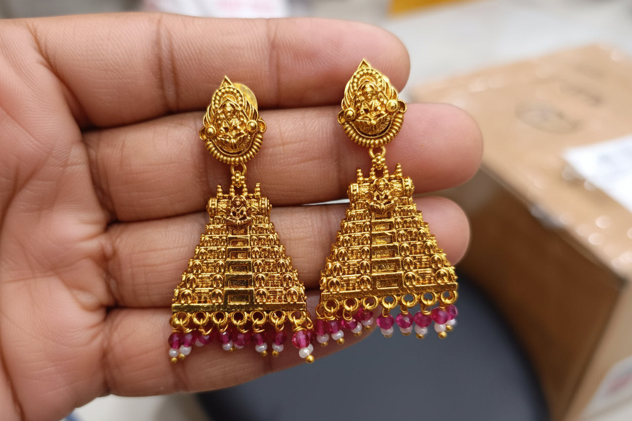 Matte Finish Temple Gopuram Style Earrings - SHTC1806