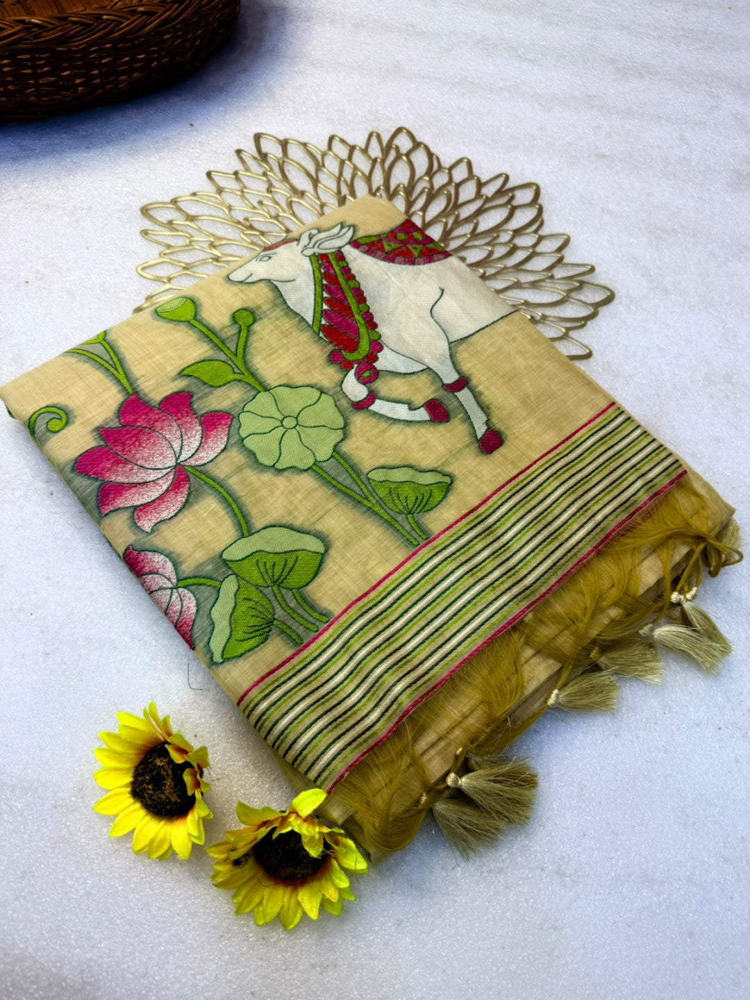Beige Soft Muga Cotton Saree with Pichwai Cow and Lotus Woven Pallu