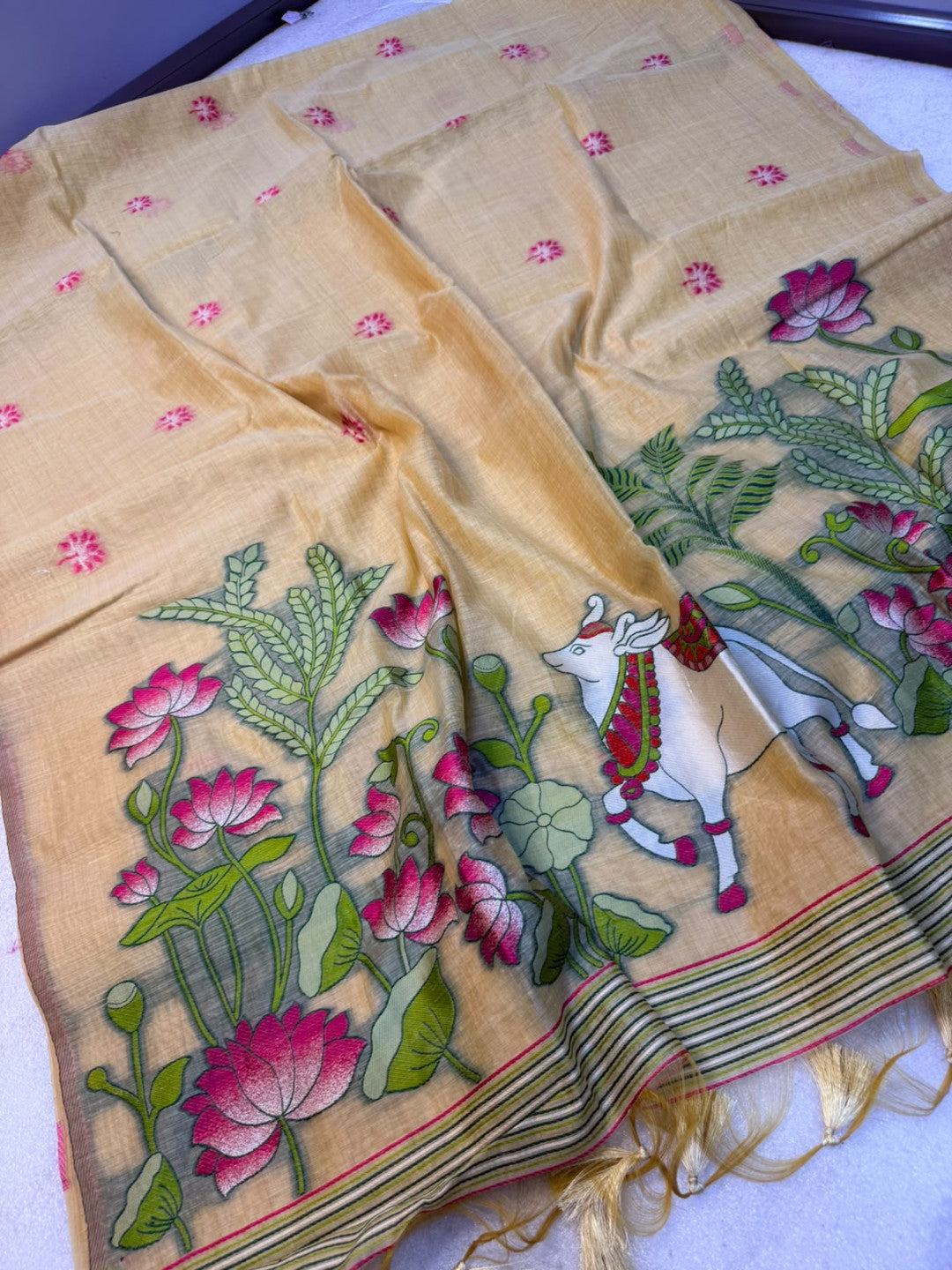 Beige Soft Muga Cotton Saree with Pichwai Cow and Lotus Woven Pallu