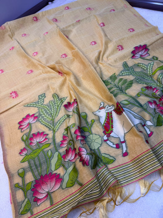 Beige Soft Muga Cotton Saree with Pichwai Cow and Lotus Woven Pallu