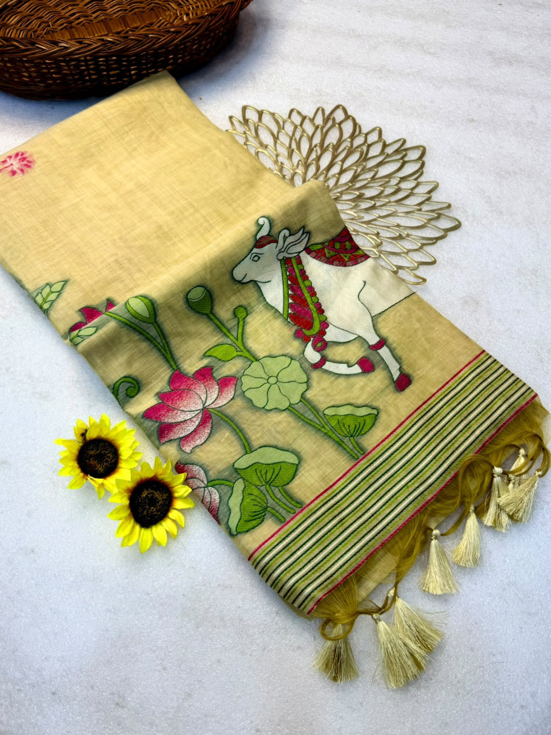 Beige Soft Muga Cotton Saree with Pichwai Cow and Lotus Woven Pallu