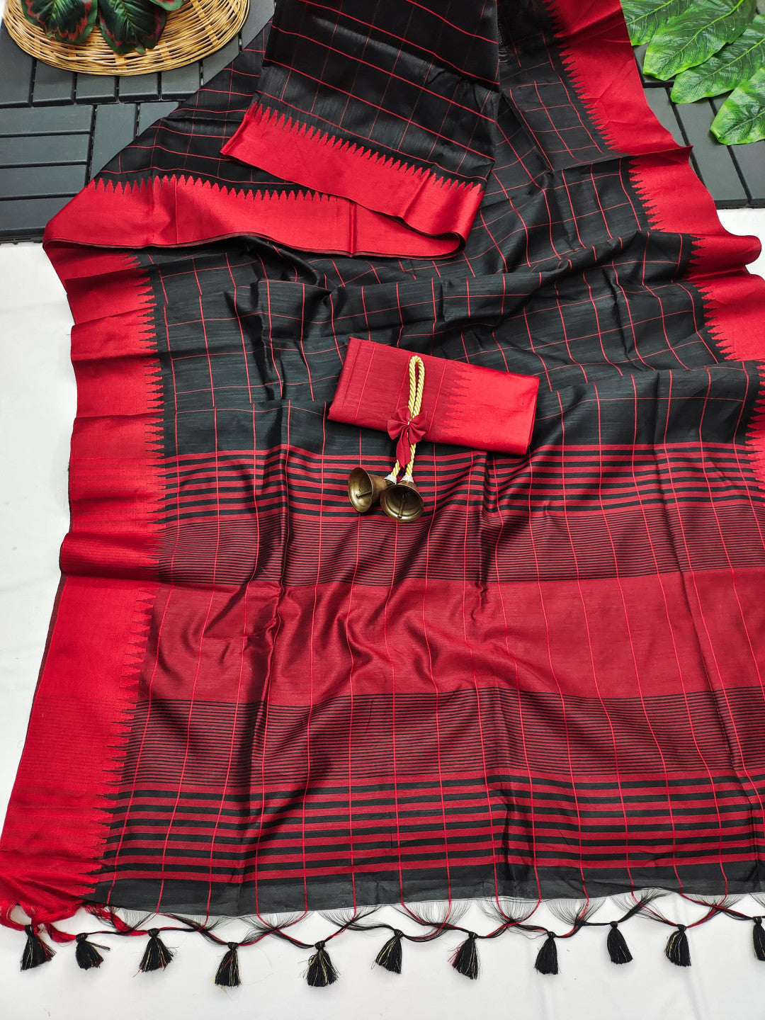 Black & Red Checks Khadi Raw Silk Saree with Tassels