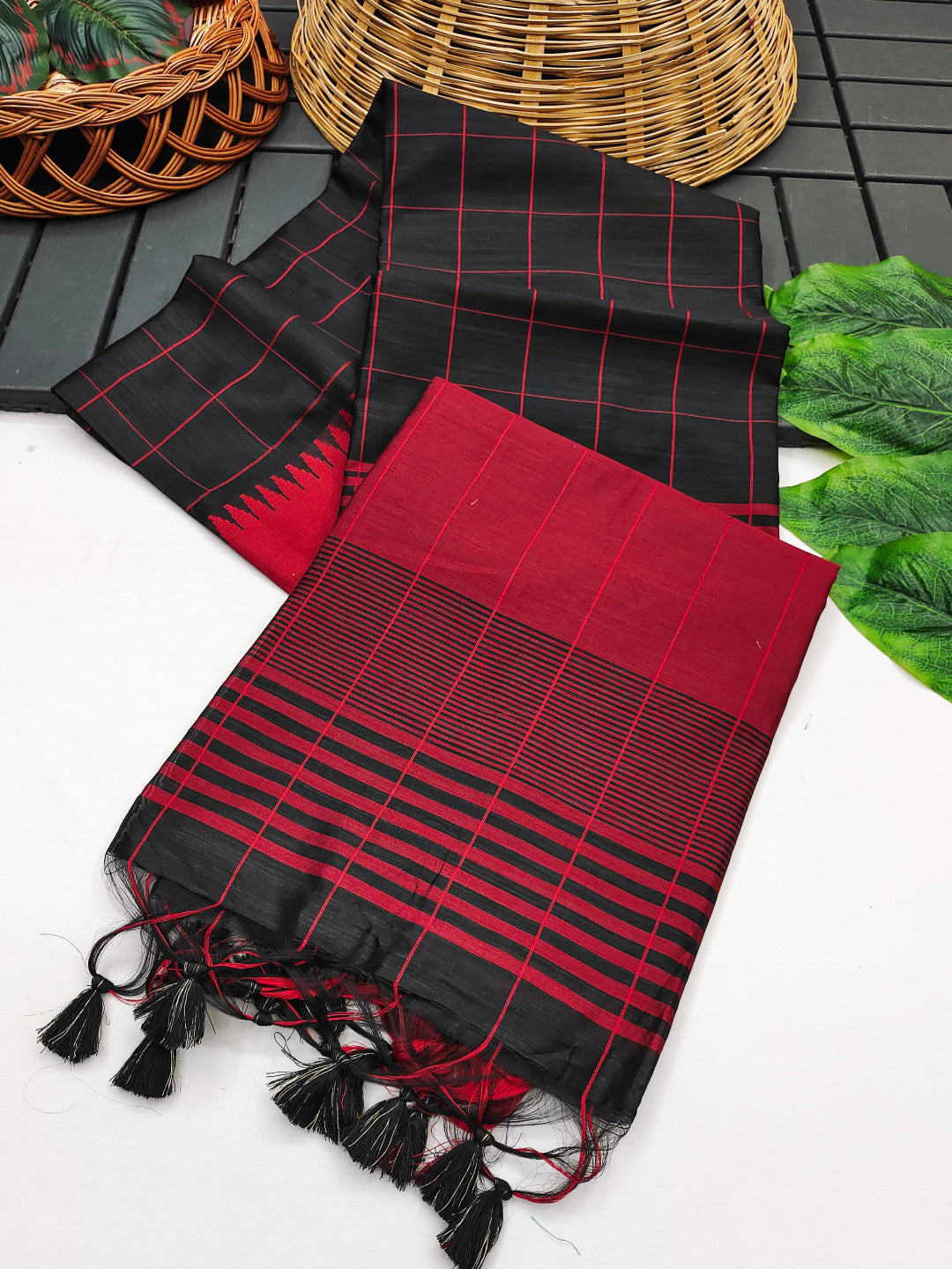 Black & Red Checks Khadi Raw Silk Saree with Tassels