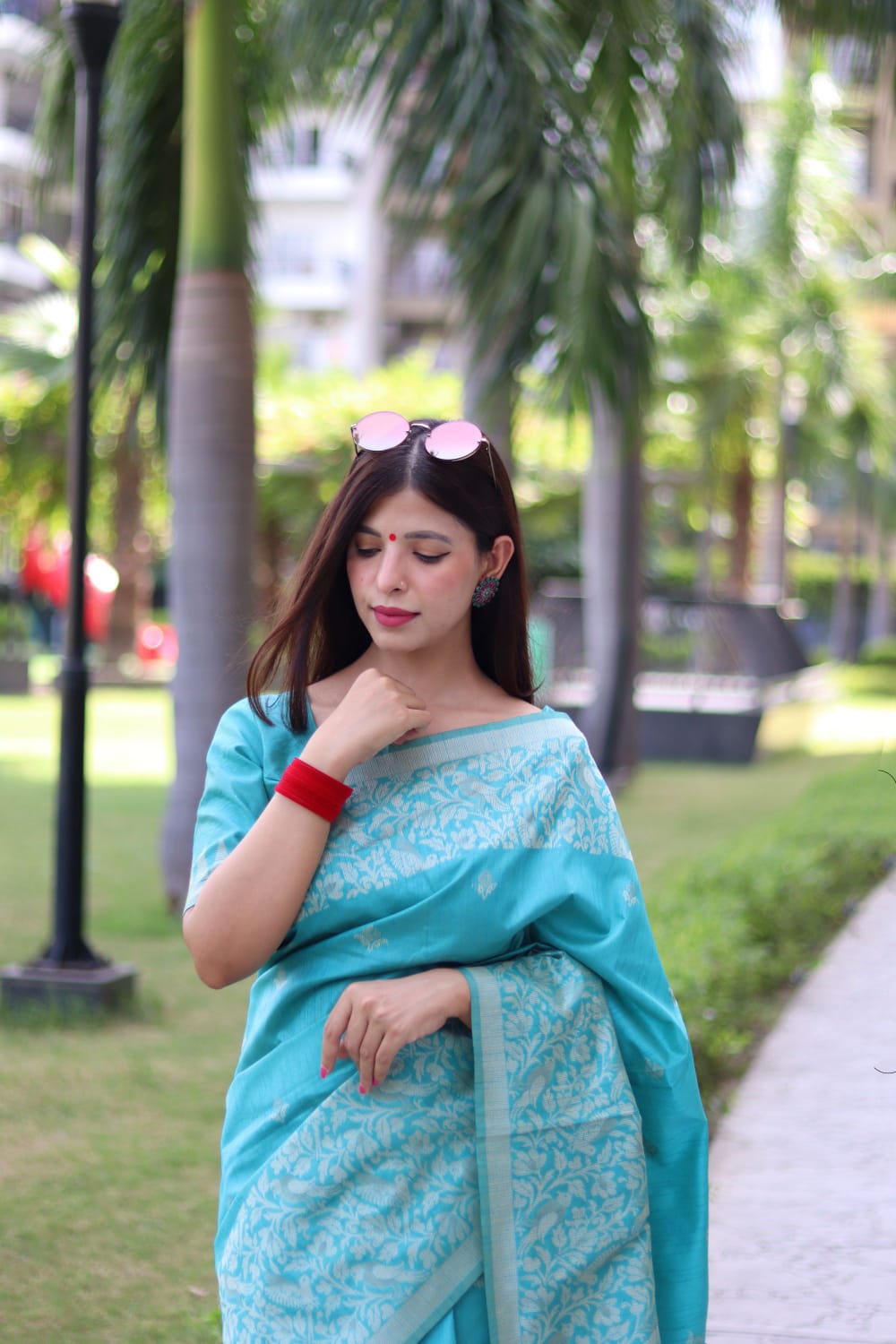 Sky Blue color soft handloom raw silk saree with weaving work