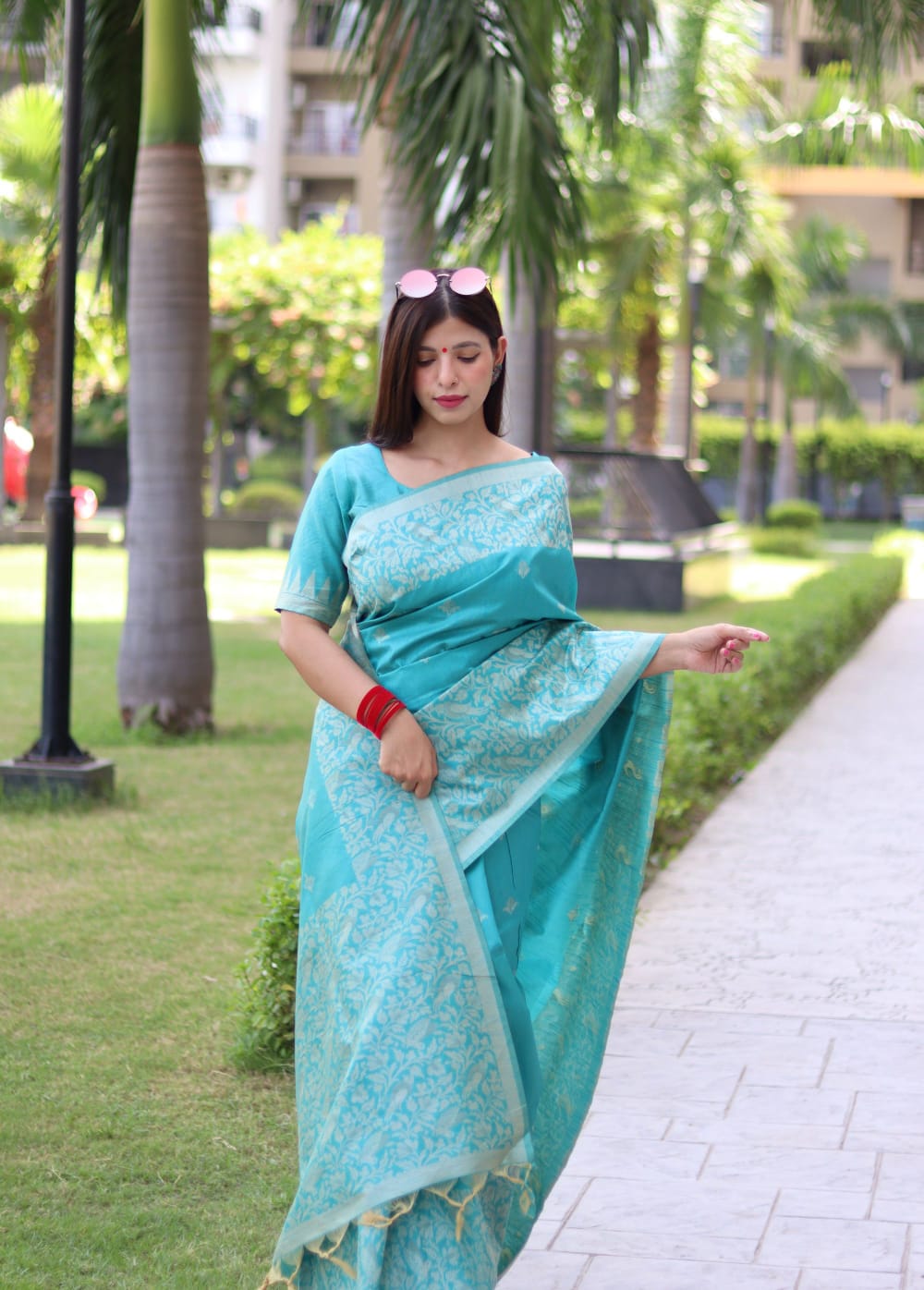Sky Blue color soft handloom raw silk saree with weaving work