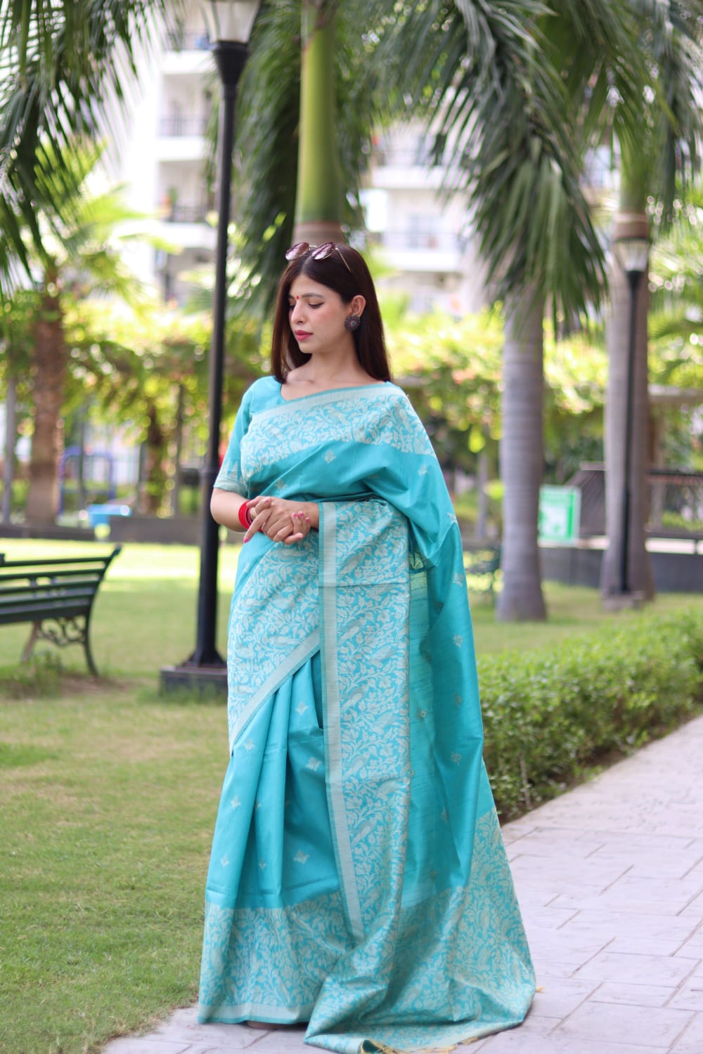 Sky Blue color soft handloom raw silk saree with weaving work