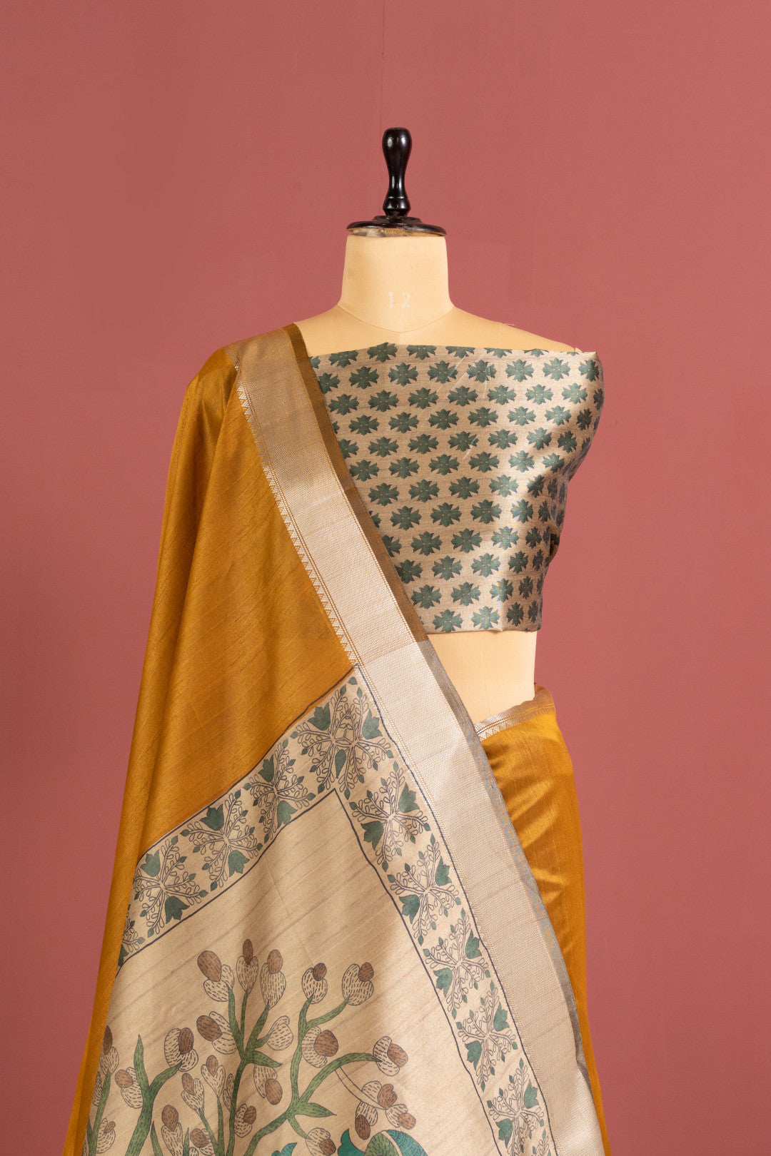 Mustard Yellow Khadi Raw Silk Saree with Kalamkari Printed Pallu