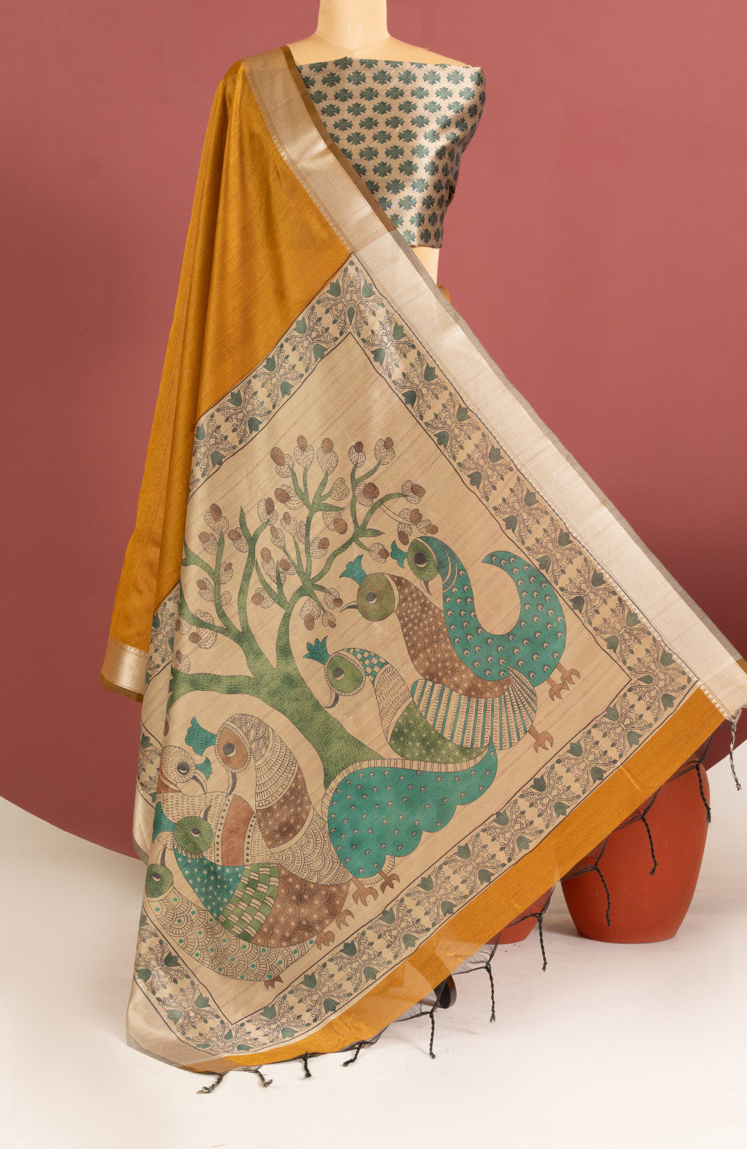 Mustard Yellow Khadi Raw Silk Saree with Kalamkari Printed Pallu