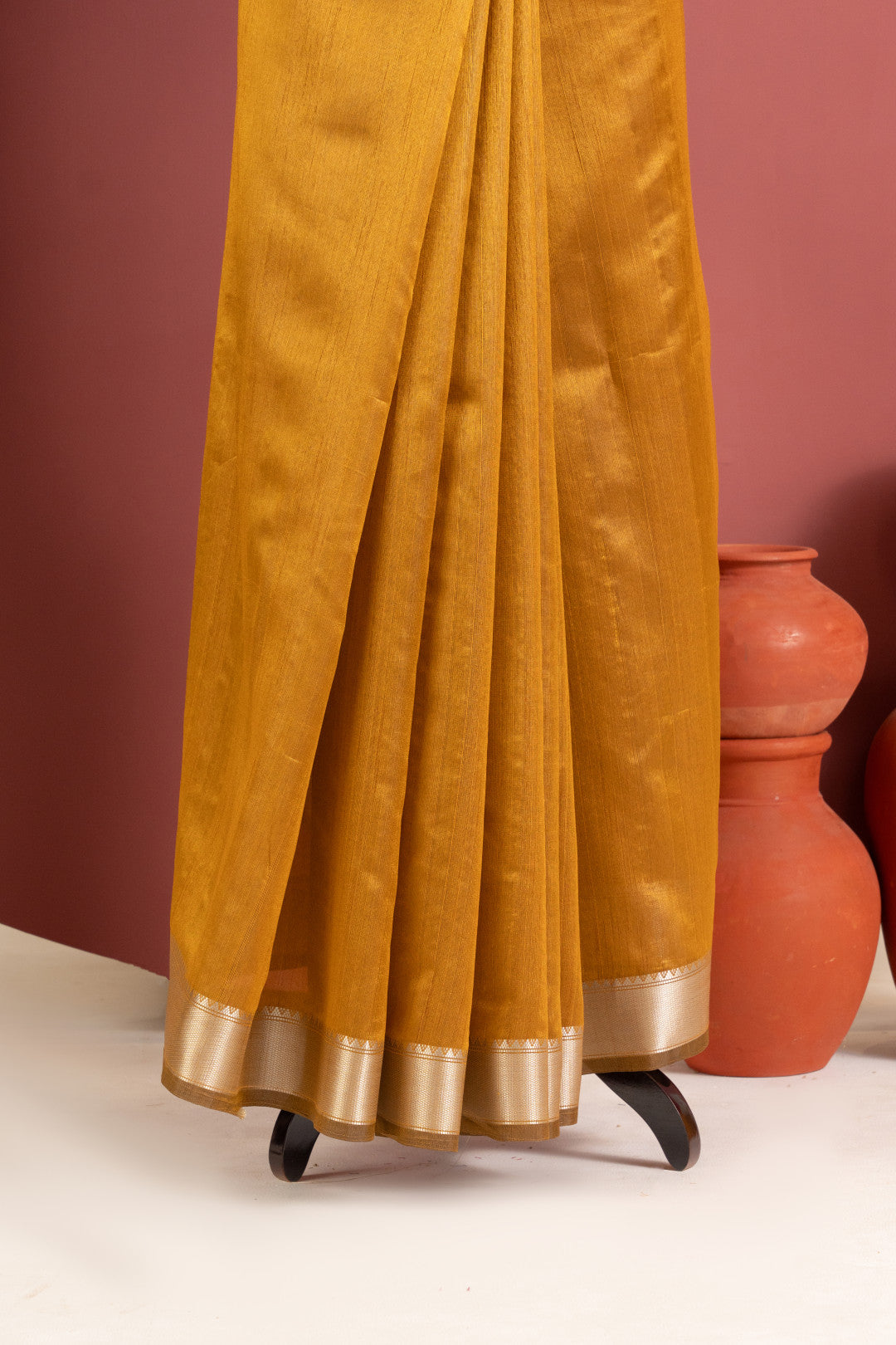Mustard Yellow Khadi Raw Silk Saree with Kalamkari Printed Pallu