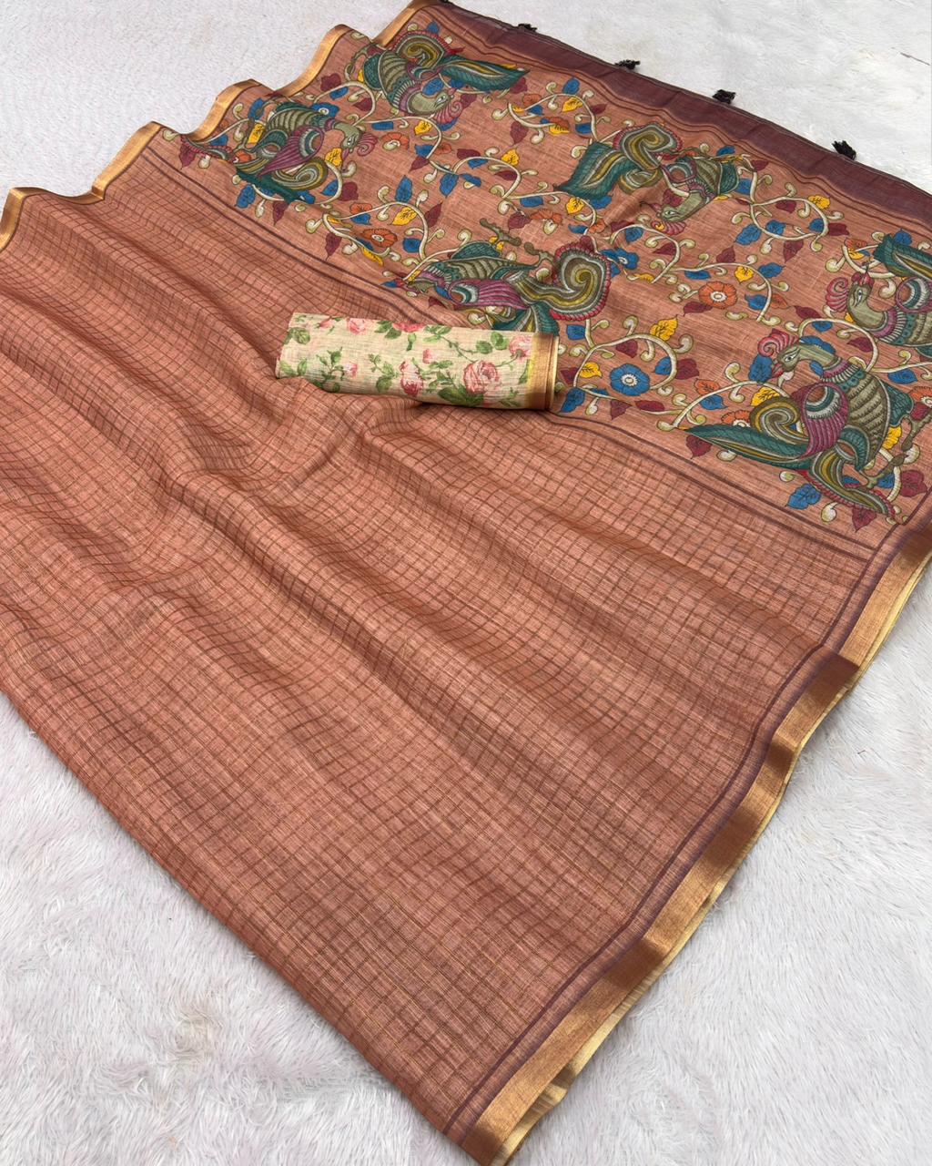 Light Brown Soft Linen Cotton Saree with Digital Printed Pallu