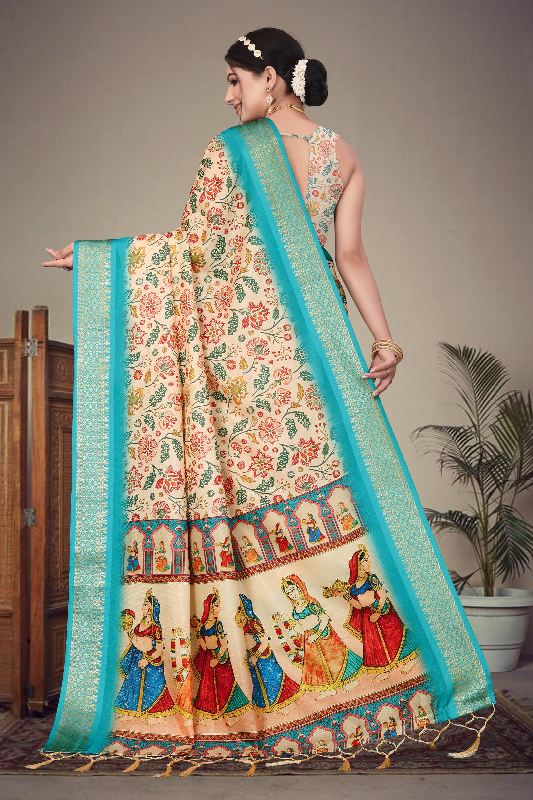 Off white color soft cotton saree with kalamkari printed work and zari border