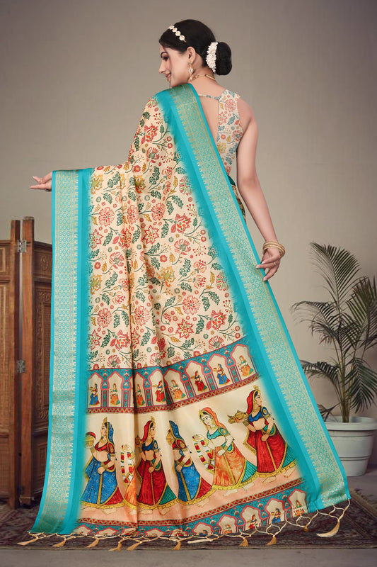 Off white color soft cotton saree with kalamkari printed work and zari border