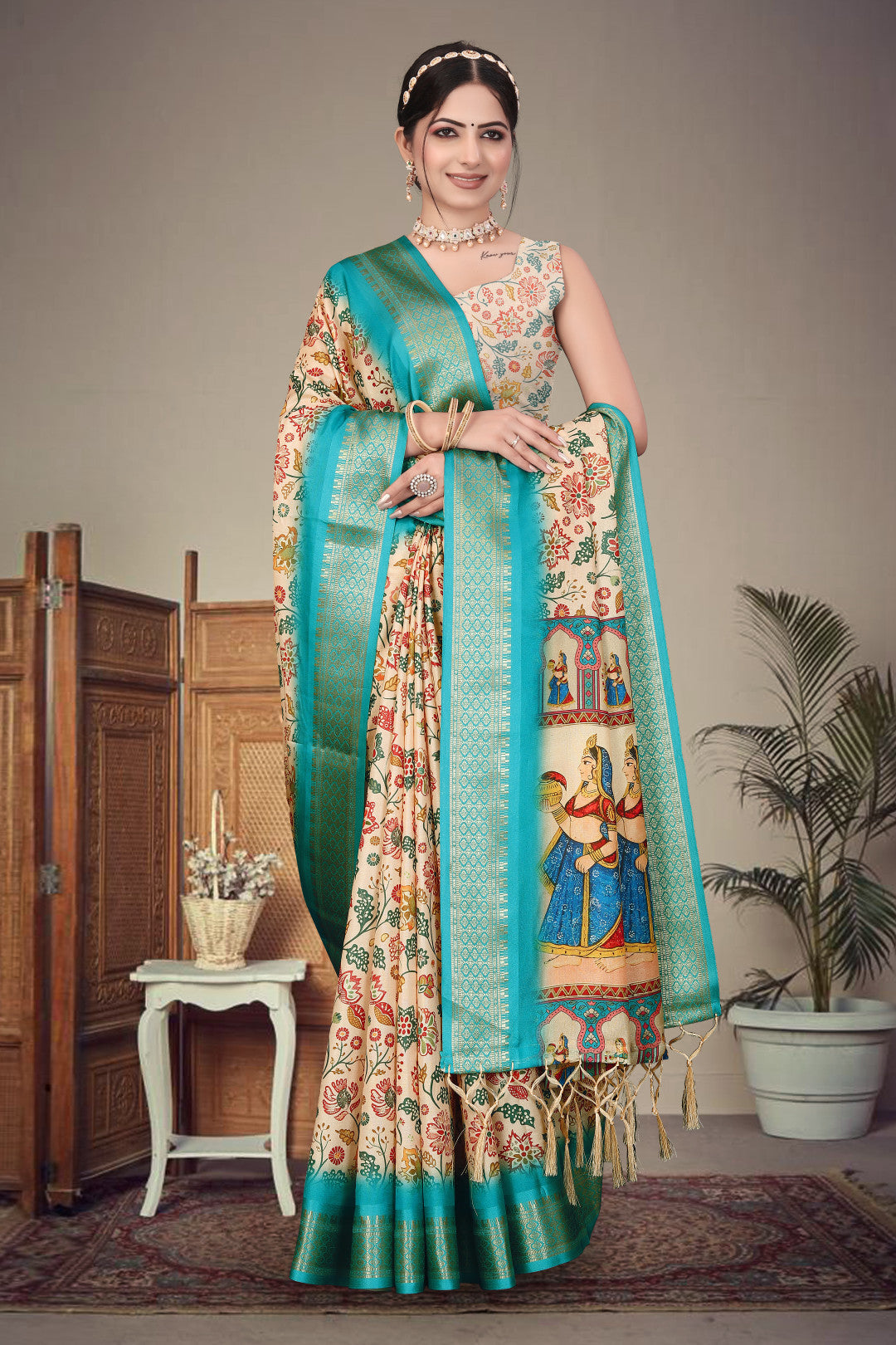 Off white color soft cotton saree with kalamkari printed work and zari border