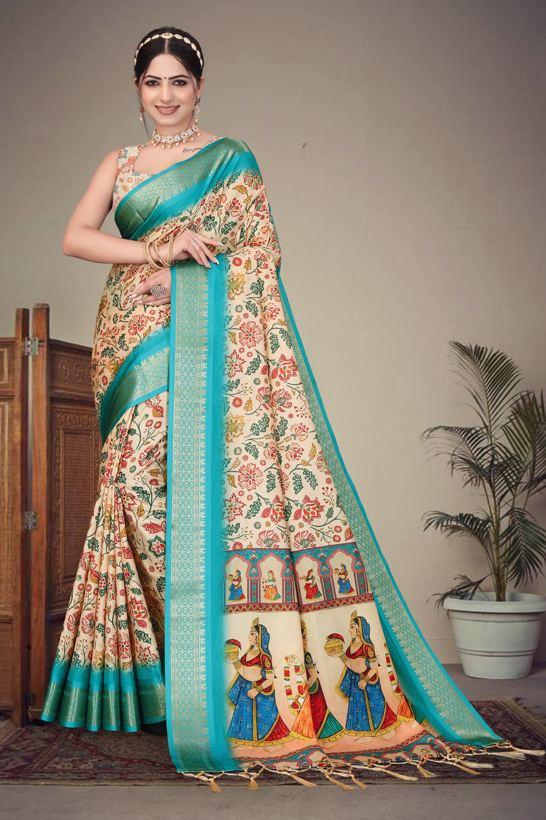 Off white color soft cotton saree with kalamkari printed work and zari border