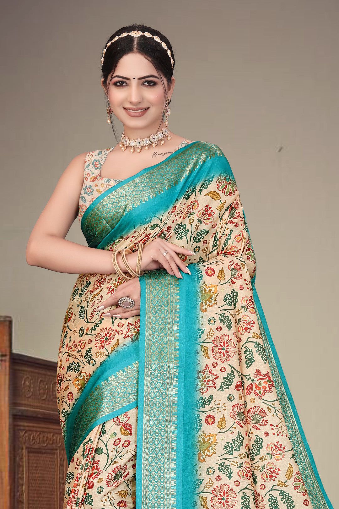 Off white color soft cotton saree with kalamkari printed work and zari border