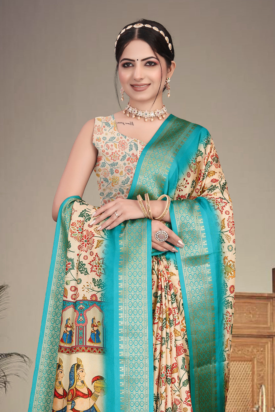 Off white color soft cotton saree with kalamkari printed work and zari border