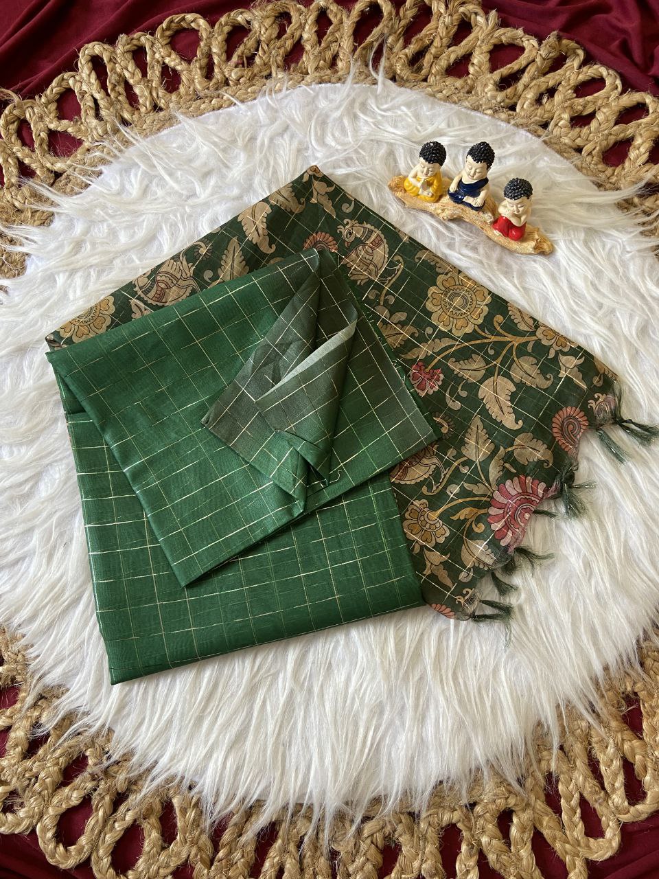 Bottle Green Soft Semi Tussar Silk Saree with Kalamkari Print and Checks