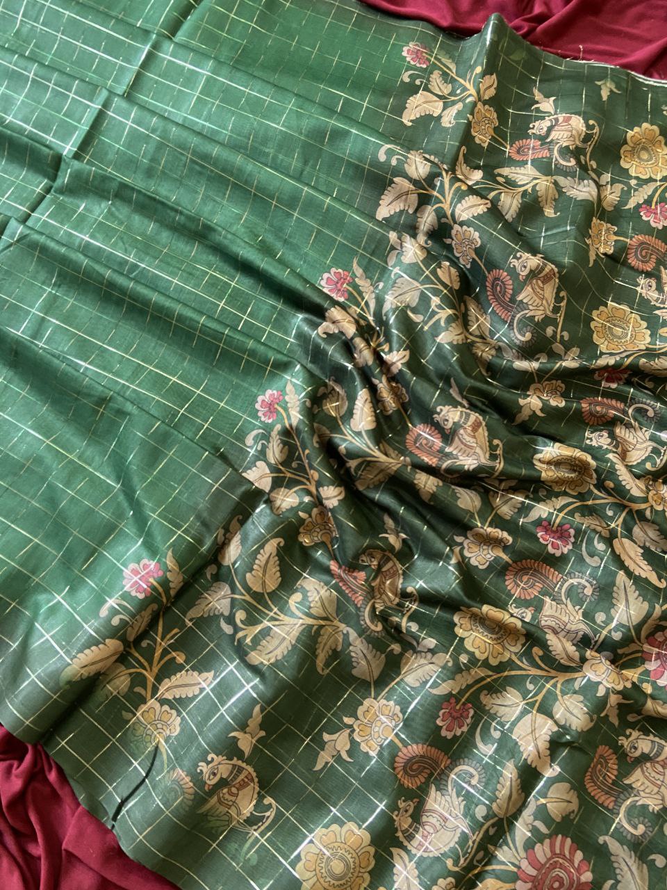 Bottle Green Soft Semi Tussar Silk Saree with Kalamkari Print and Checks